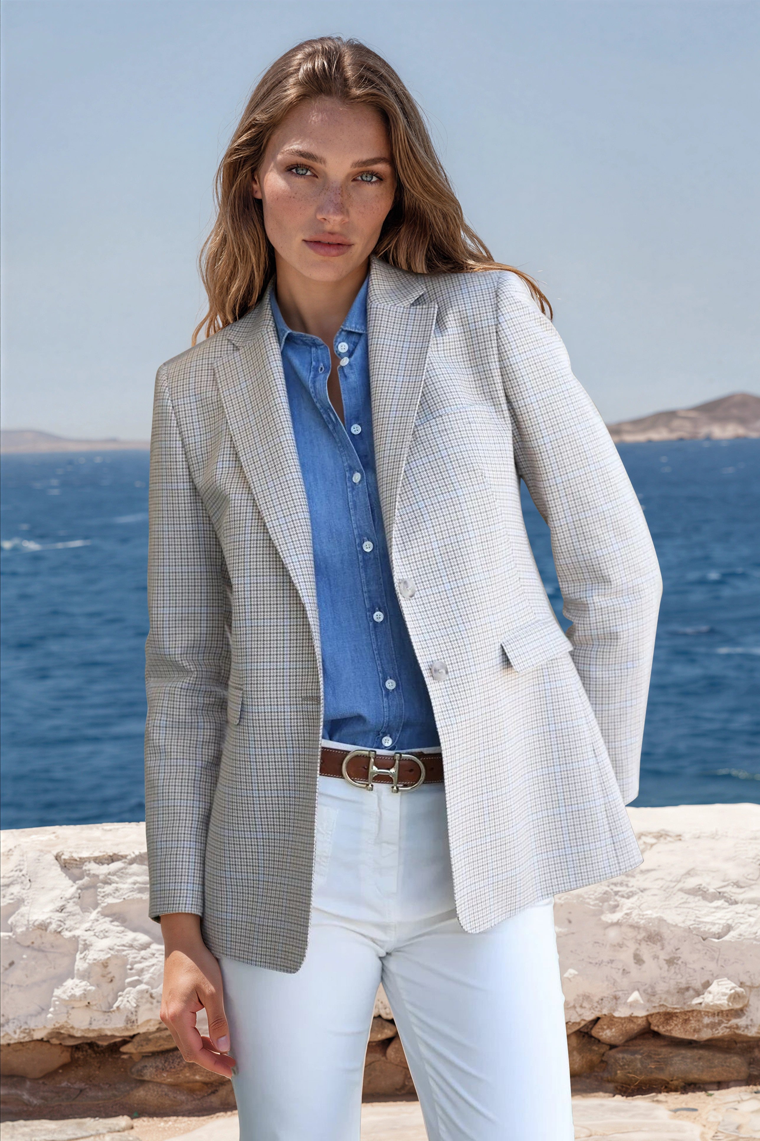 Veste Isabel 100% coton - Beige & ciel-VESTE BLAZER FEMME-Curling-Paris