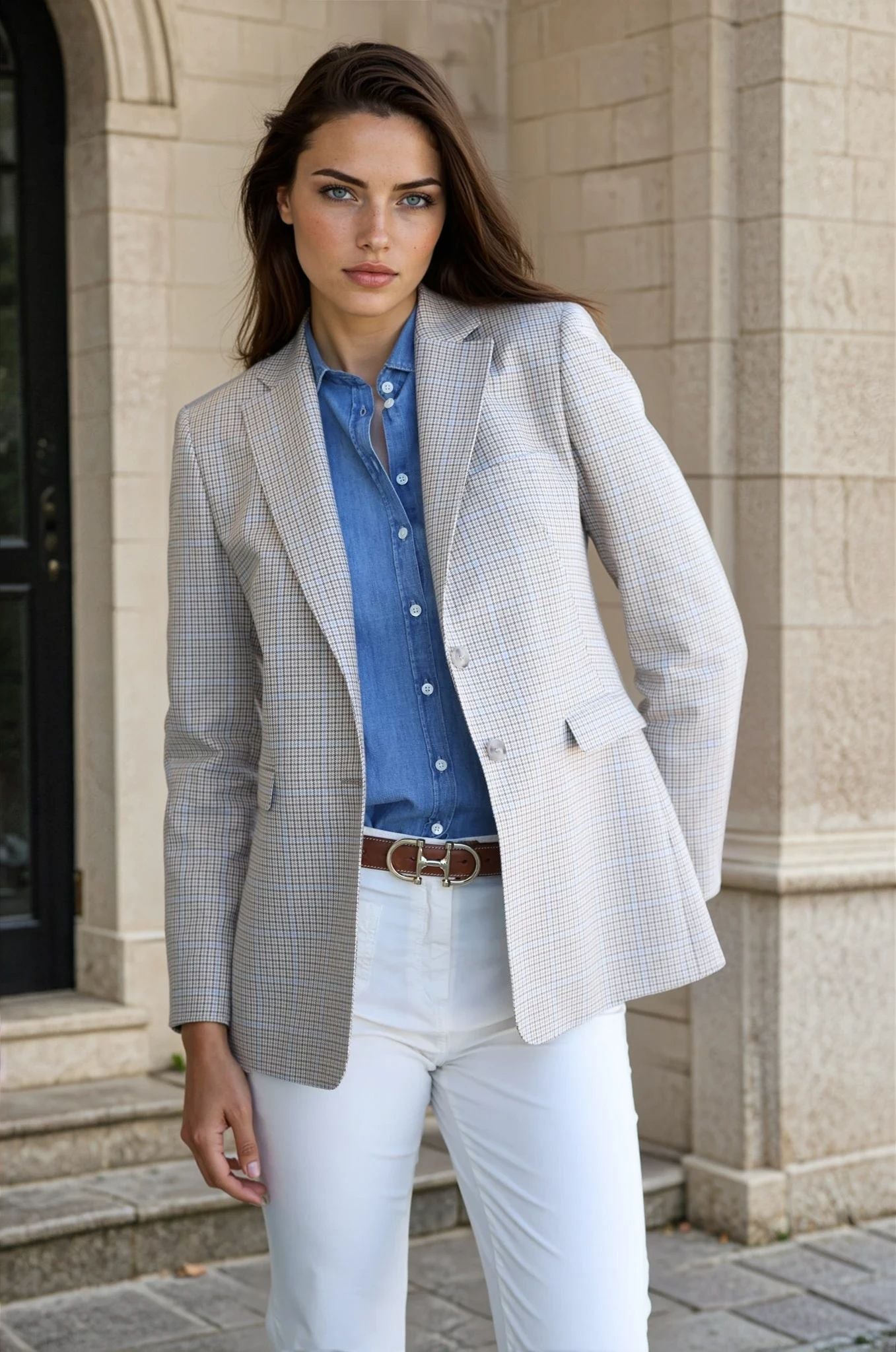 Veste Isabel 100% coton - Beige & ciel-VESTE BLAZER FEMME-Curling-Paris