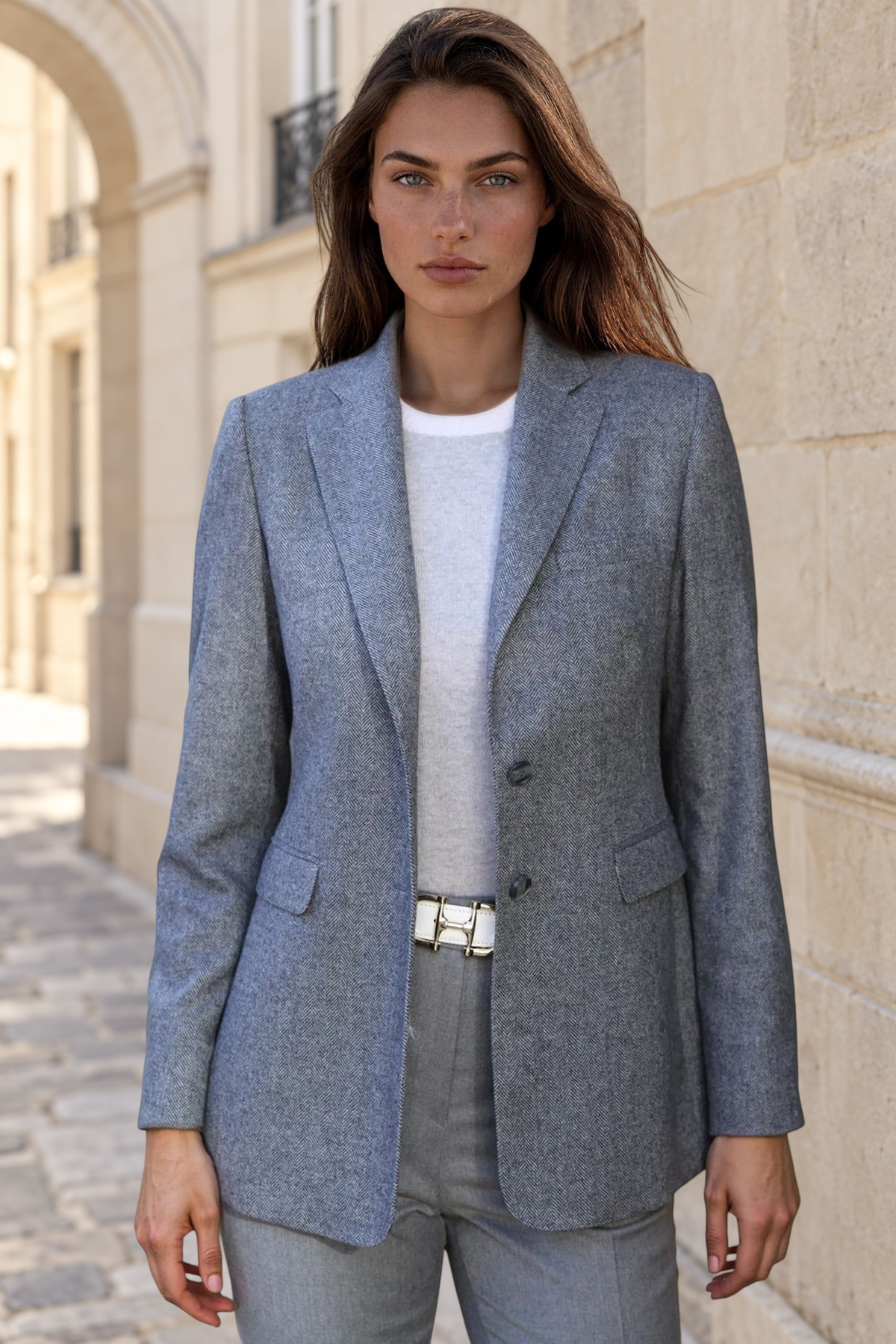 Veste Isabel 100% laine vierge - Chevron Gris-VESTE BLAZER FEMME-Curling-Paris
