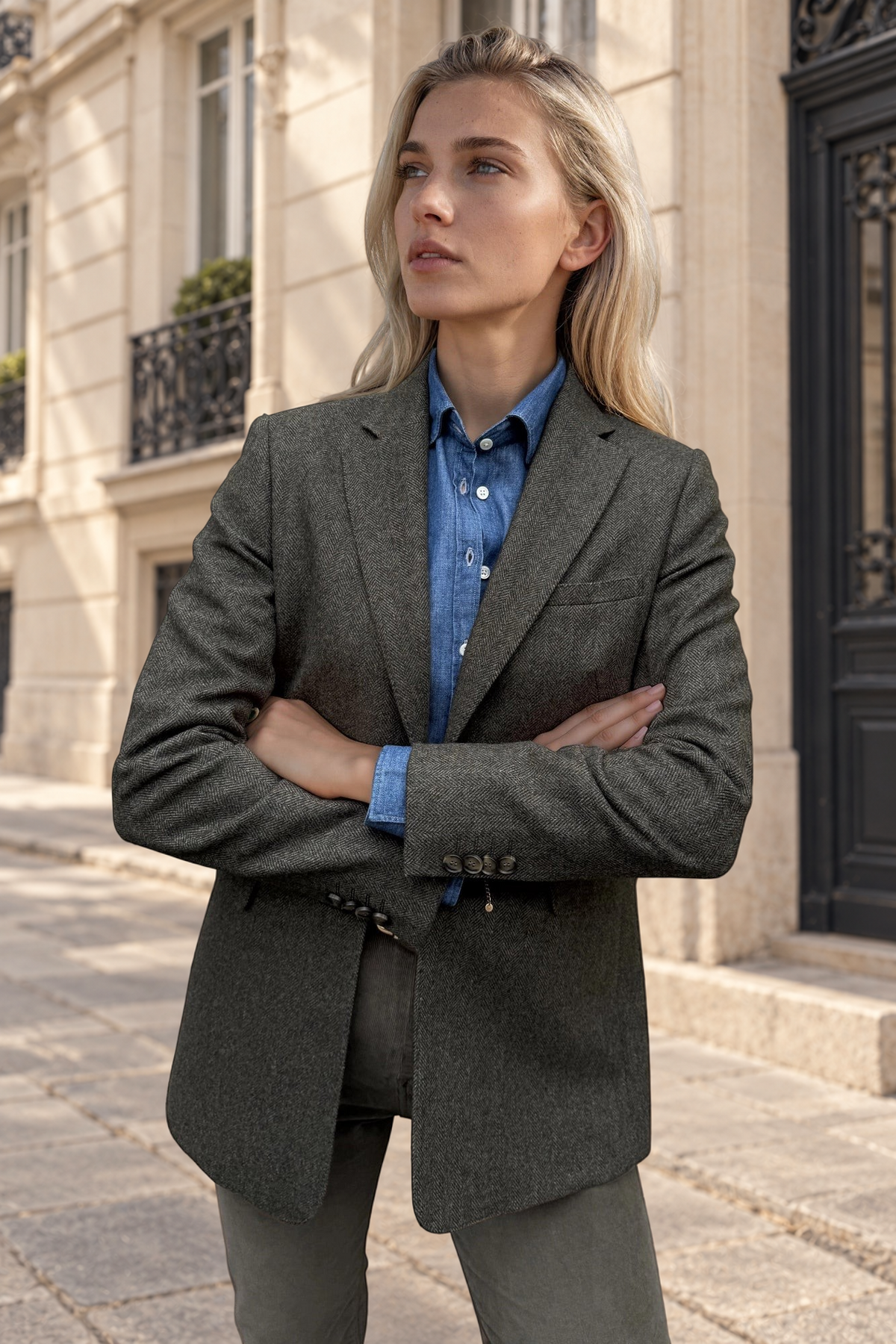 Veste Isabel en laine vierge Angelico à chevrons - Kaki-VESTE BLAZER FEMME-Curling-Paris