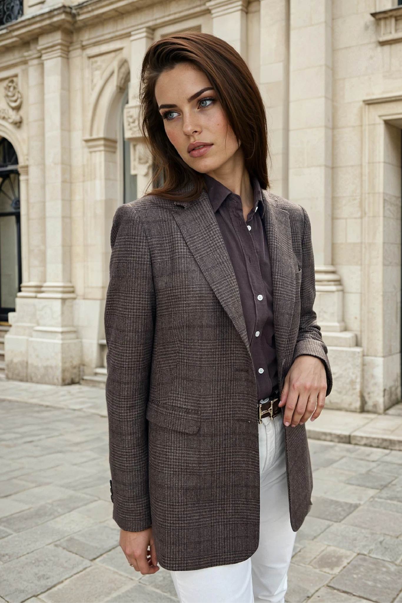 Veste Isabel en laine vierge - Prince de Galles Marron-VESTE BLAZER FEMME-Curling-Paris