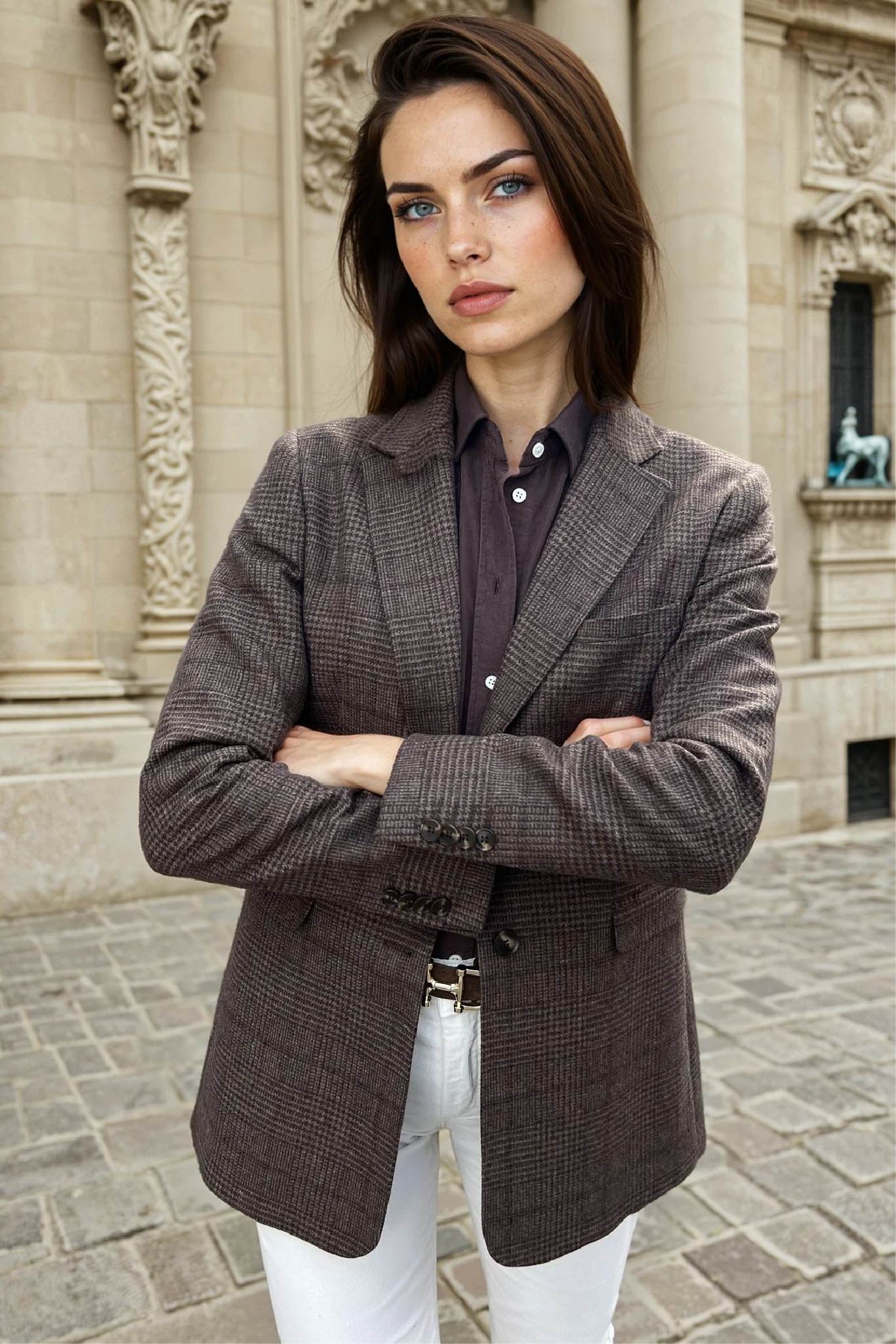 Veste Isabel en laine vierge - Prince de Galles Marron-VESTE BLAZER FEMME-Curling-Paris