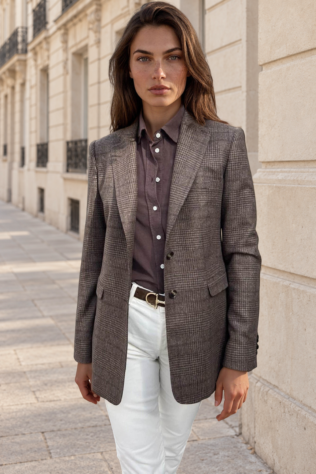 Veste Isabel en laine vierge - Prince de Galles Marron-VESTE BLAZER FEMME-Curling-Paris