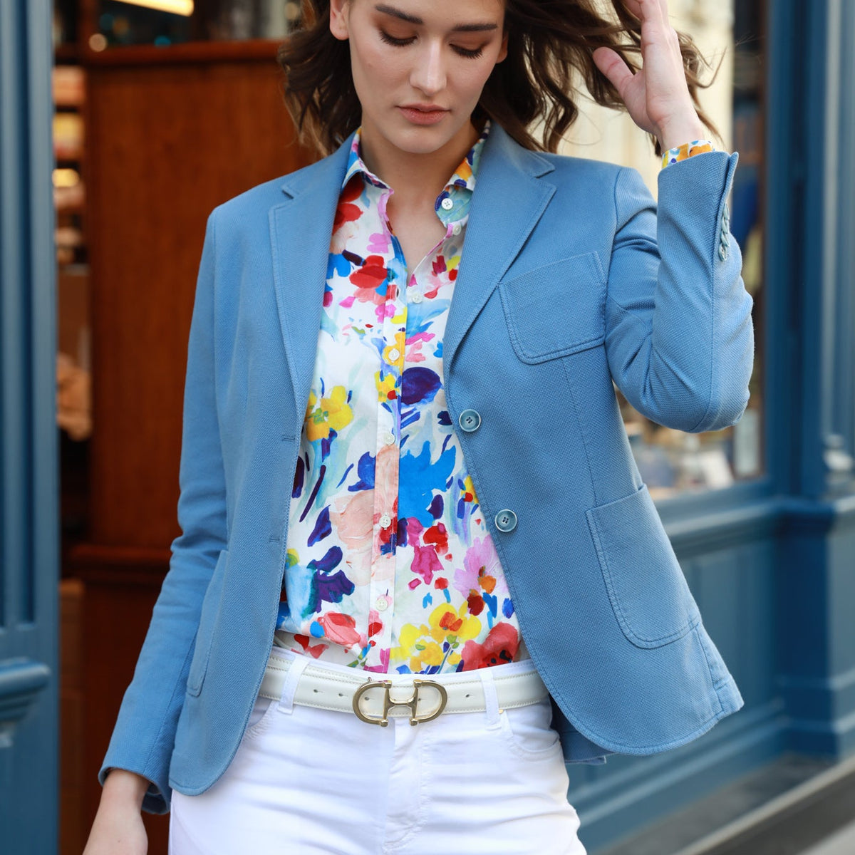 Veste Curling femme casual chic en coton bleu ciel tissu Di Sondrio