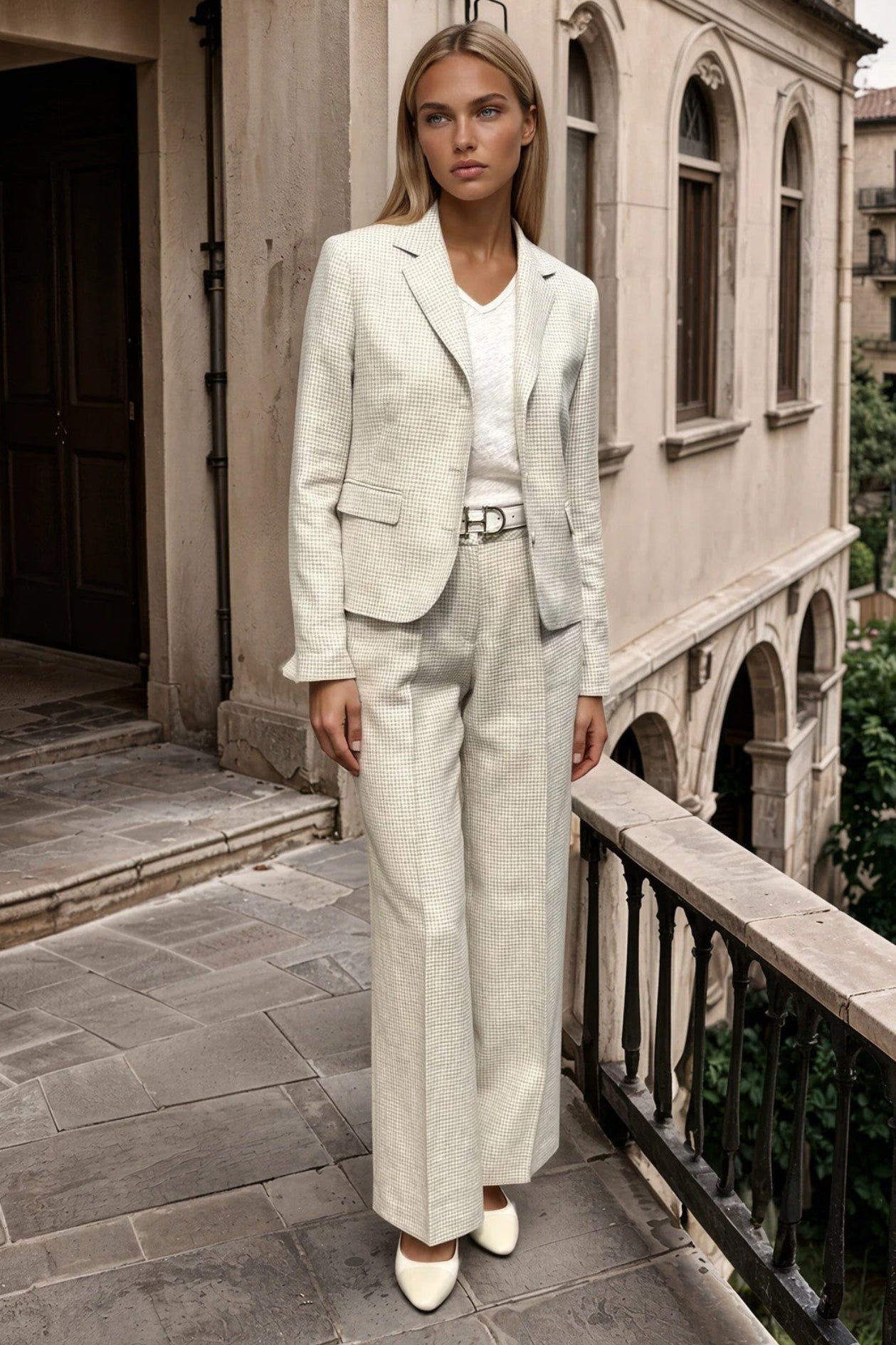 Veste Nathalie en laine, lin, soie et cachemire - Pied de poule beige écru-VESTE BLAZER FEMME-Curling-Paris