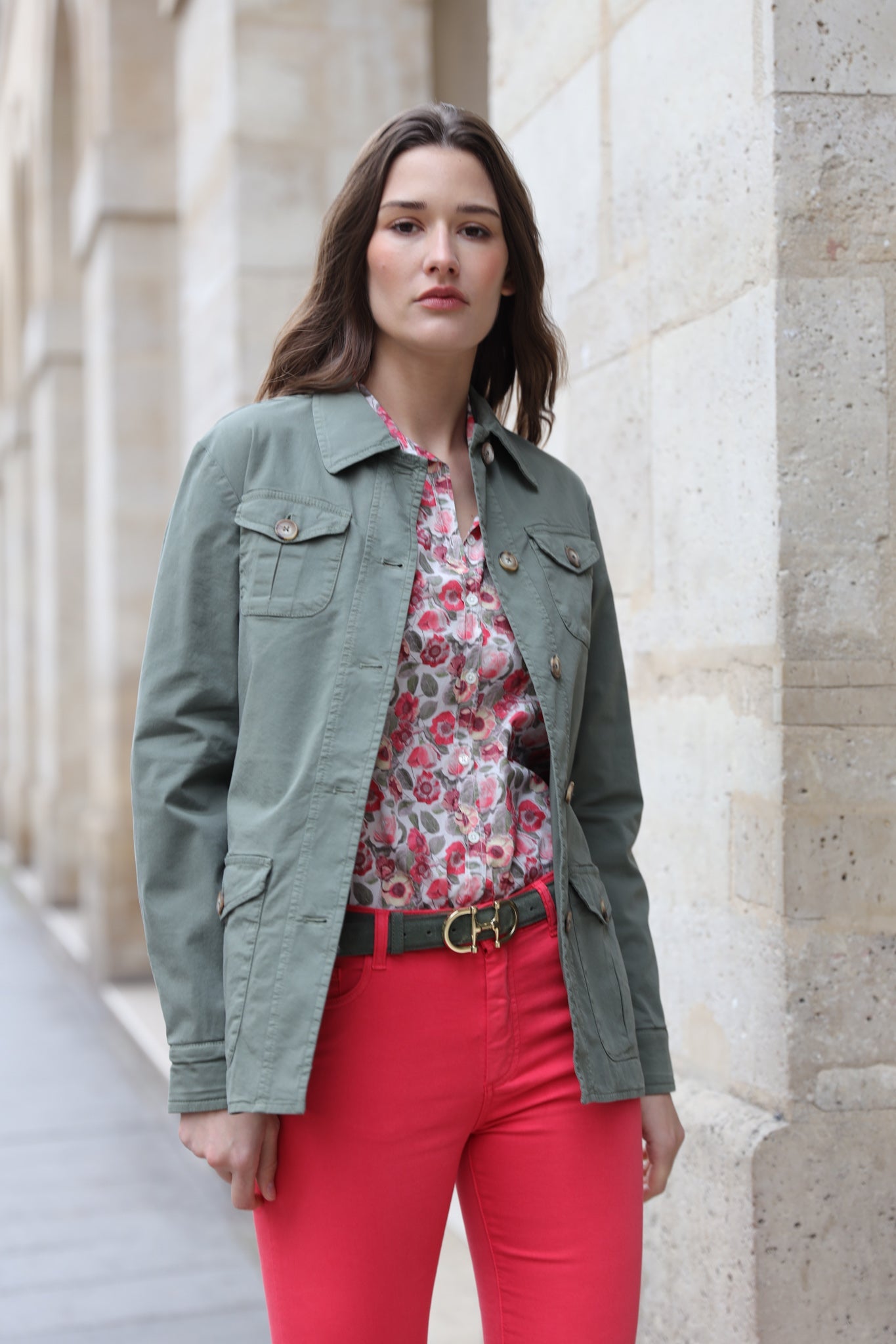 Veste Saharienne Louise en coton stretch - Kaki-VESTE BLAZER FEMME-Curling-Paris