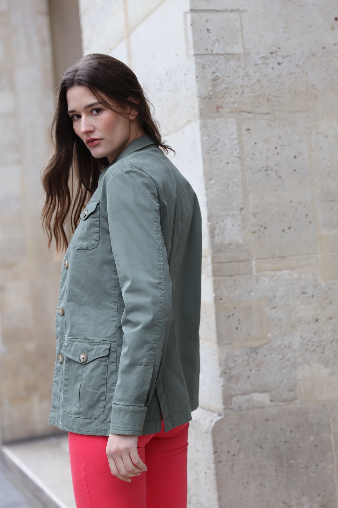 Veste Saharienne Louise en coton stretch - Kaki-VESTE BLAZER FEMME-Curling-Paris