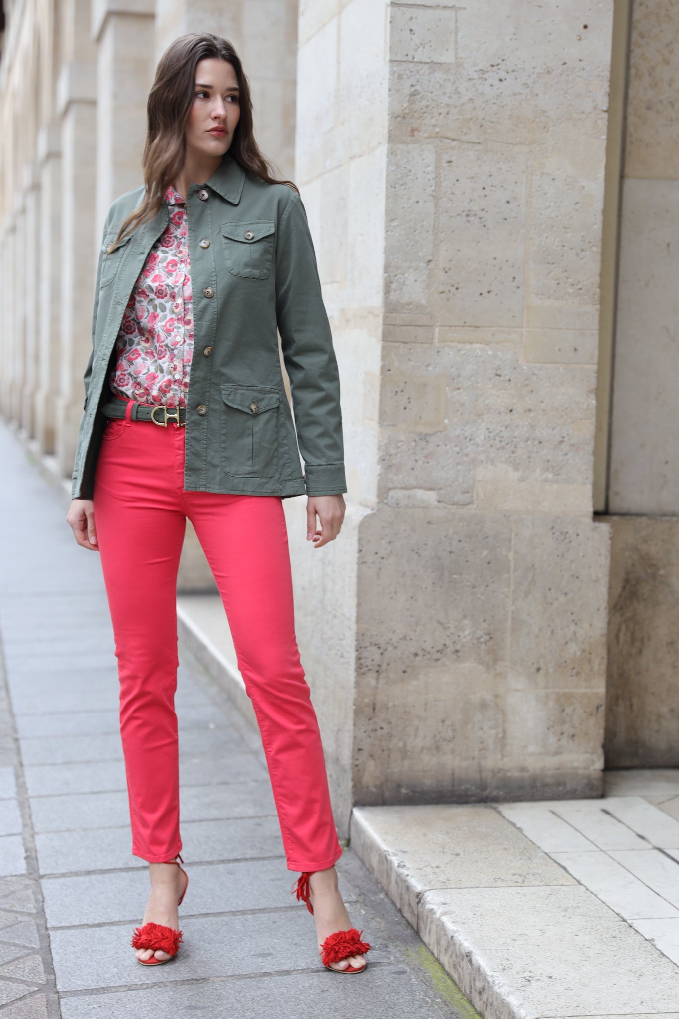 Veste Saharienne Louise en coton stretch - Kaki-VESTE BLAZER FEMME-Curling-Paris