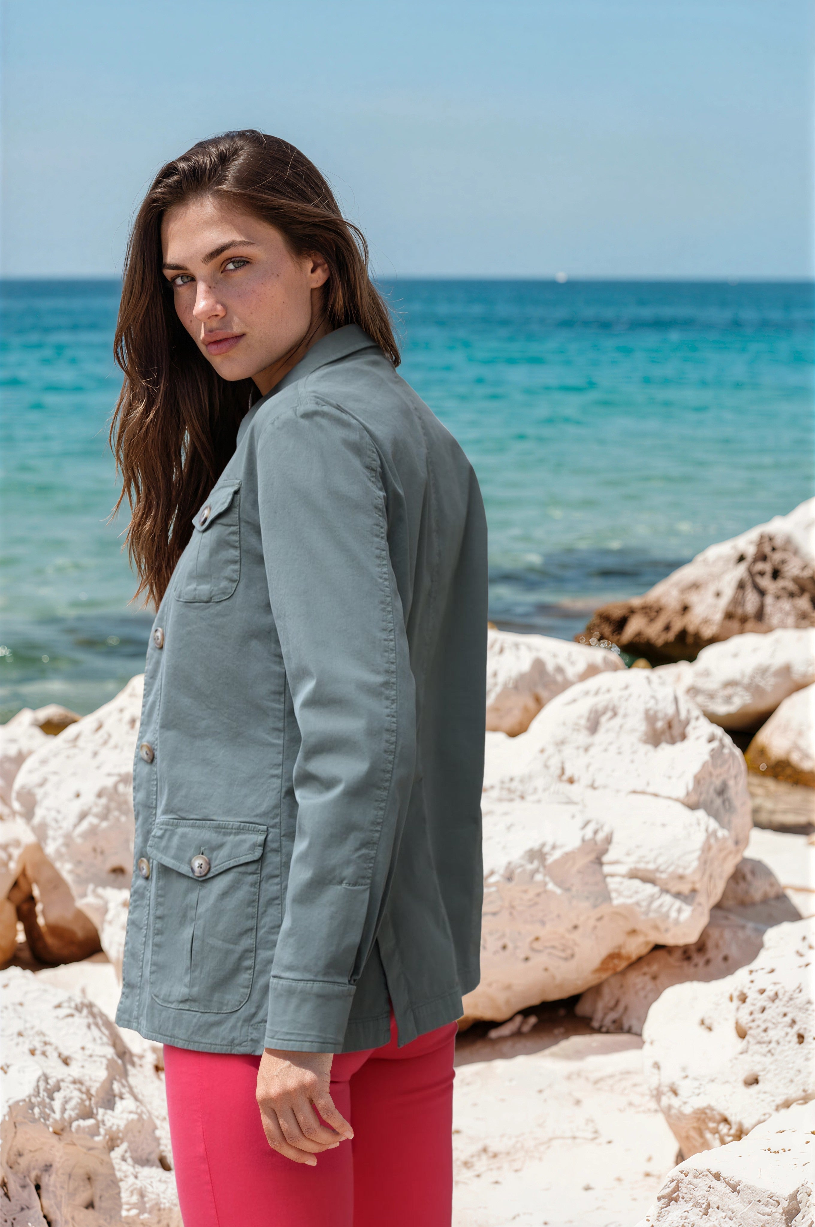 Veste Saharienne Louise en coton stretch - Kaki-VESTE BLAZER FEMME-Curling-Paris