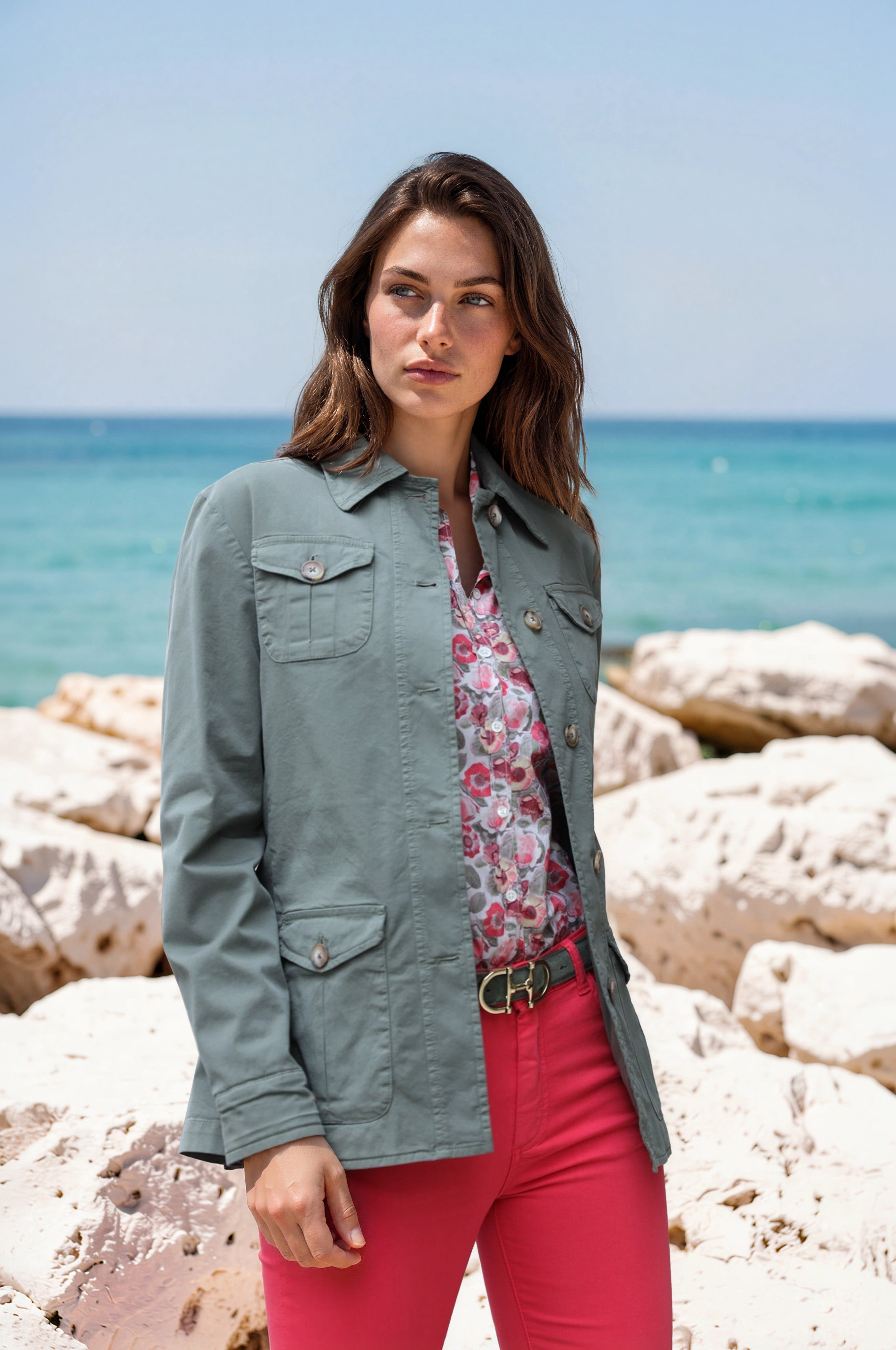 Veste Saharienne Louise en coton stretch - Kaki-VESTE BLAZER FEMME-Curling-Paris