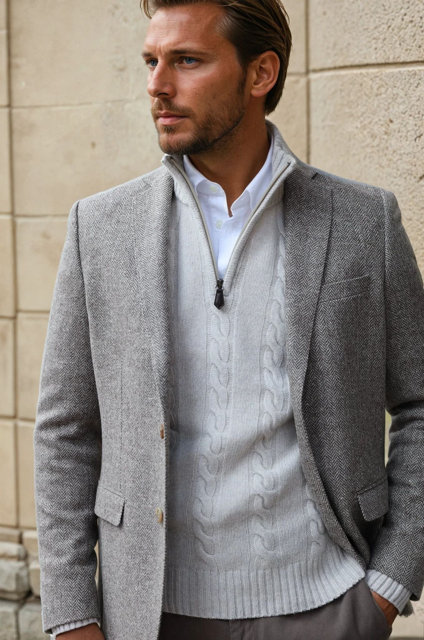 Veste Steven pure laine - Chevron Beige-VESTE BLAZER HOMME-Curling-Paris