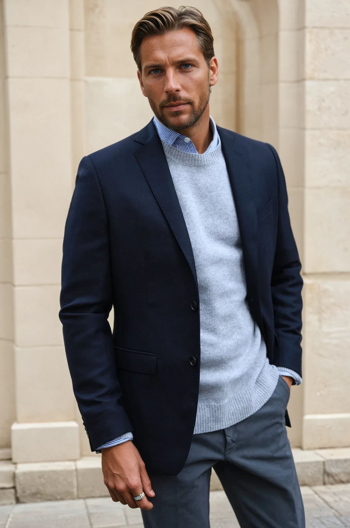 Veste Steven pure laine nattée - Marine-VESTE BLAZER HOMME-Curling-Paris