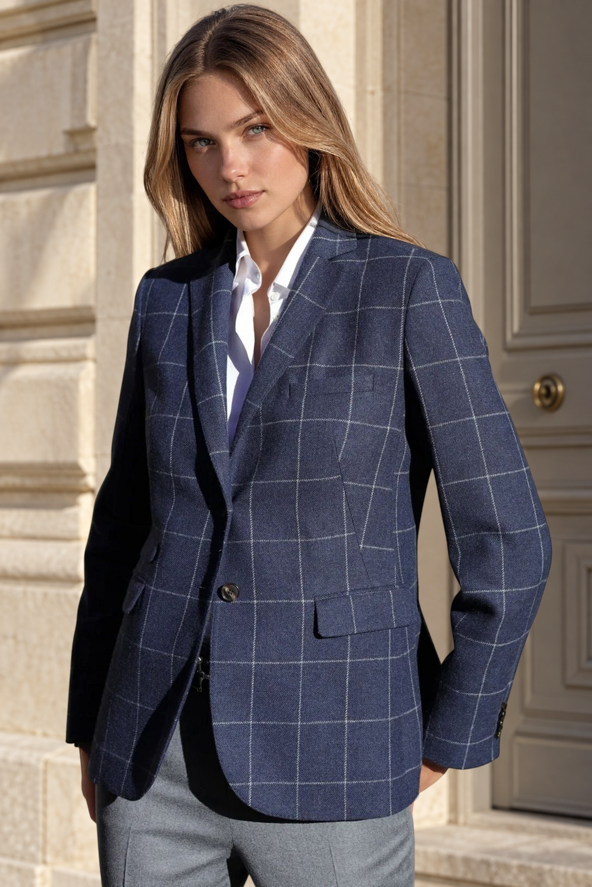 Veste Vesnove en laine à carreaux fenêtre - Marine-VESTE BLAZER FEMME-Curling-Paris
