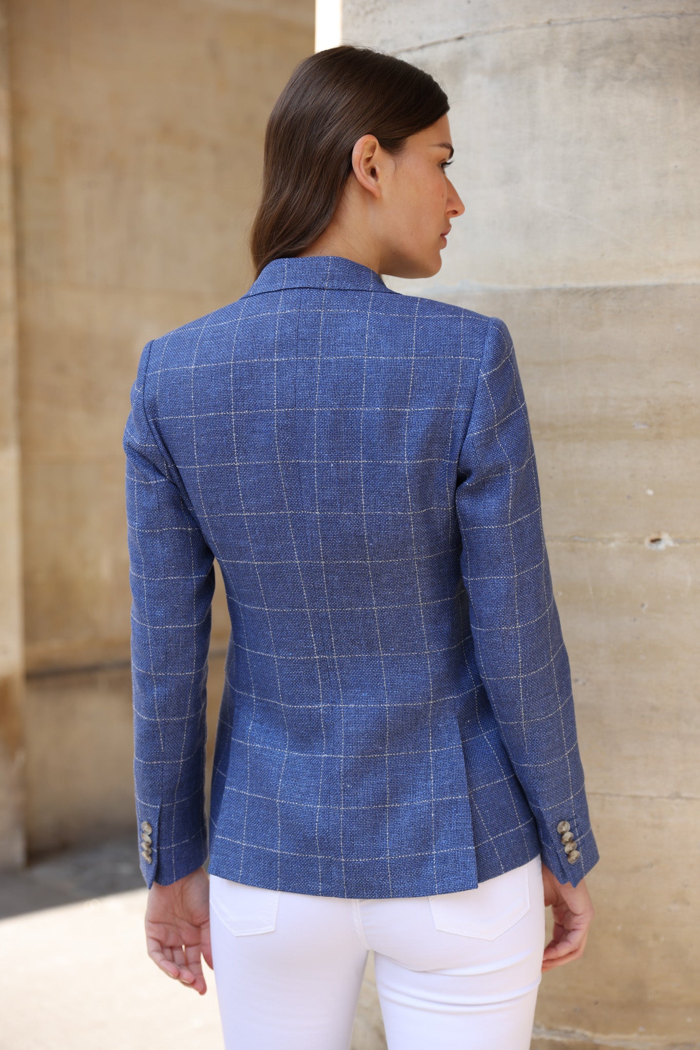 Veste Vesnove en laine et lin - Carreaux bleu azur-VESTE BLAZER FEMME-Curling-Paris