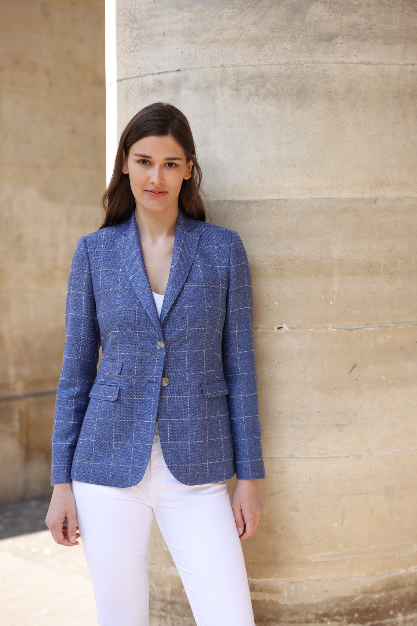 Veste Vesnove en laine et lin - Carreaux bleu azur-VESTE BLAZER FEMME-Curling-Paris