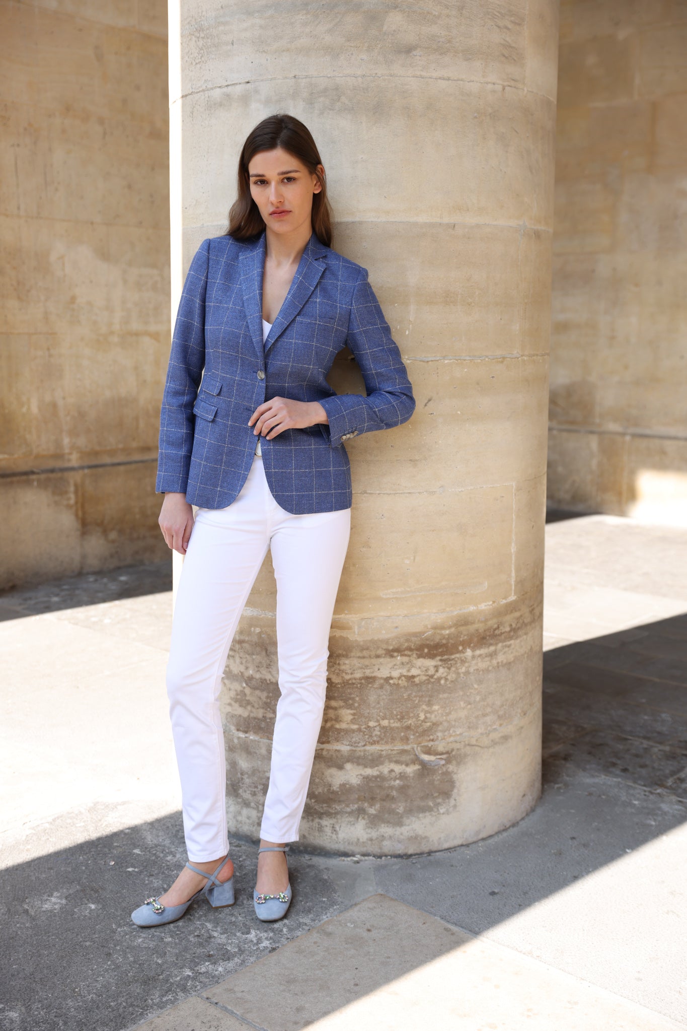 Veste Vesnove en laine et lin - Carreaux bleu azur-VESTE BLAZER FEMME-Curling-Paris