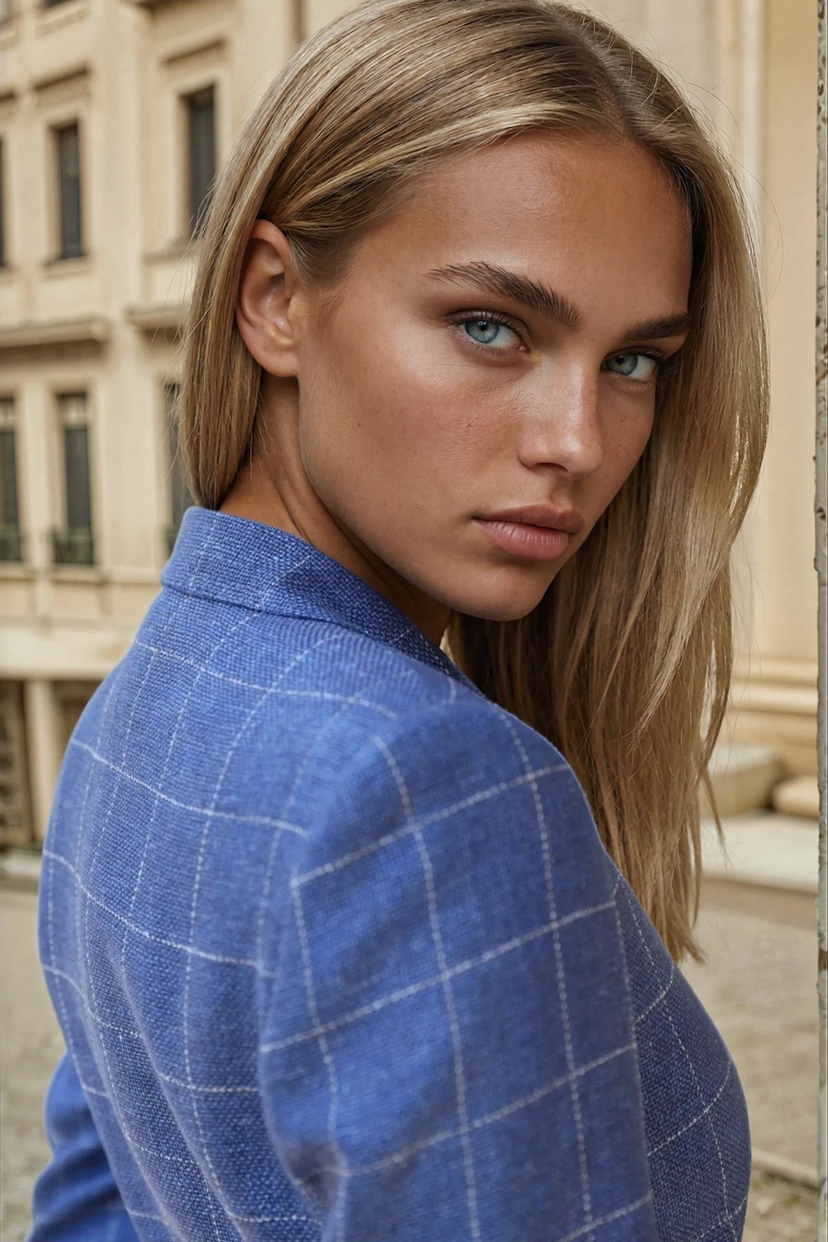 Veste Vesnove en laine et lin - Carreaux bleu azur-VESTE BLAZER FEMME-Curling-Paris