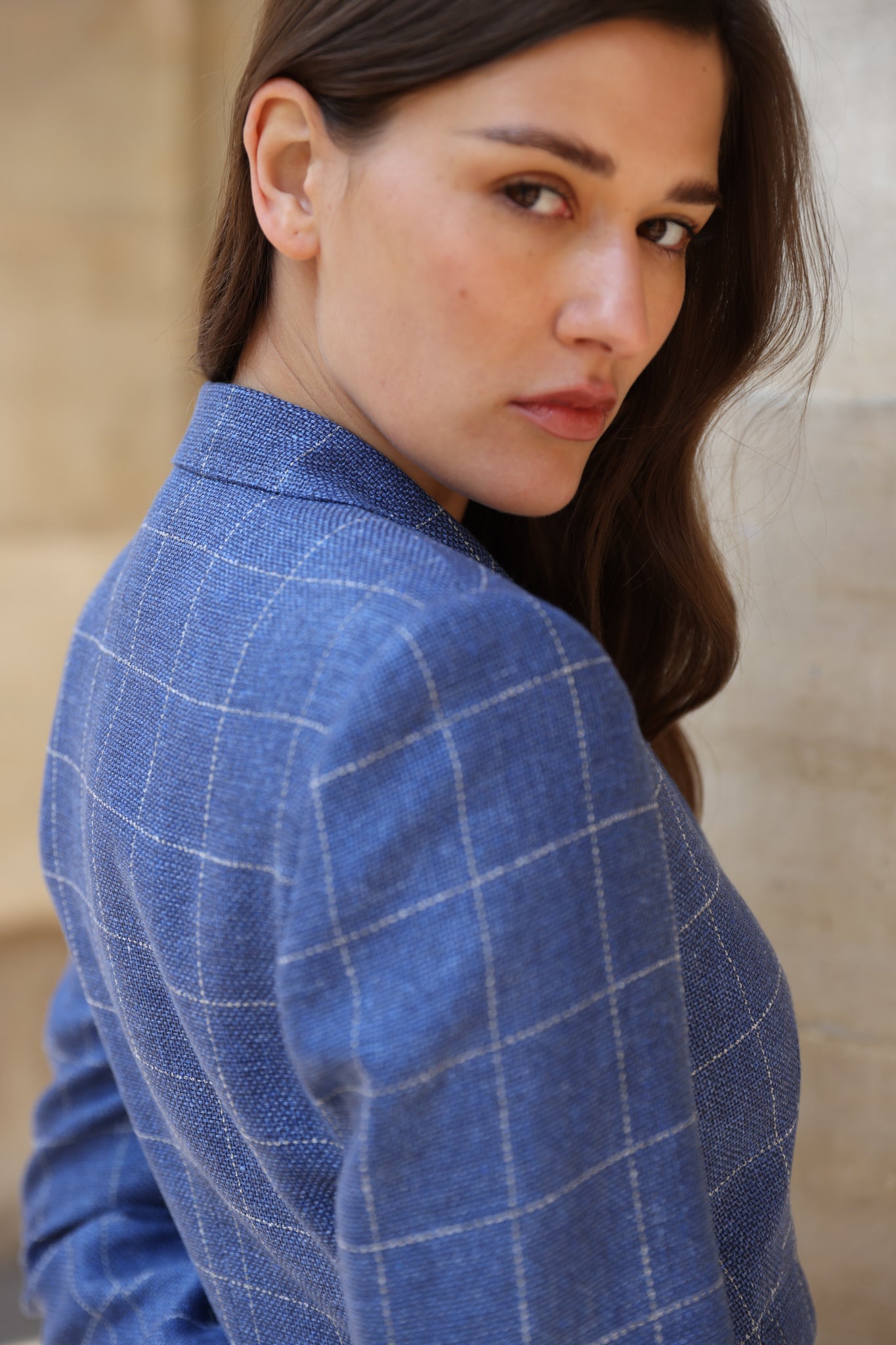 Veste Vesnove en laine et lin - Carreaux bleu azur-VESTE BLAZER FEMME-Curling-Paris