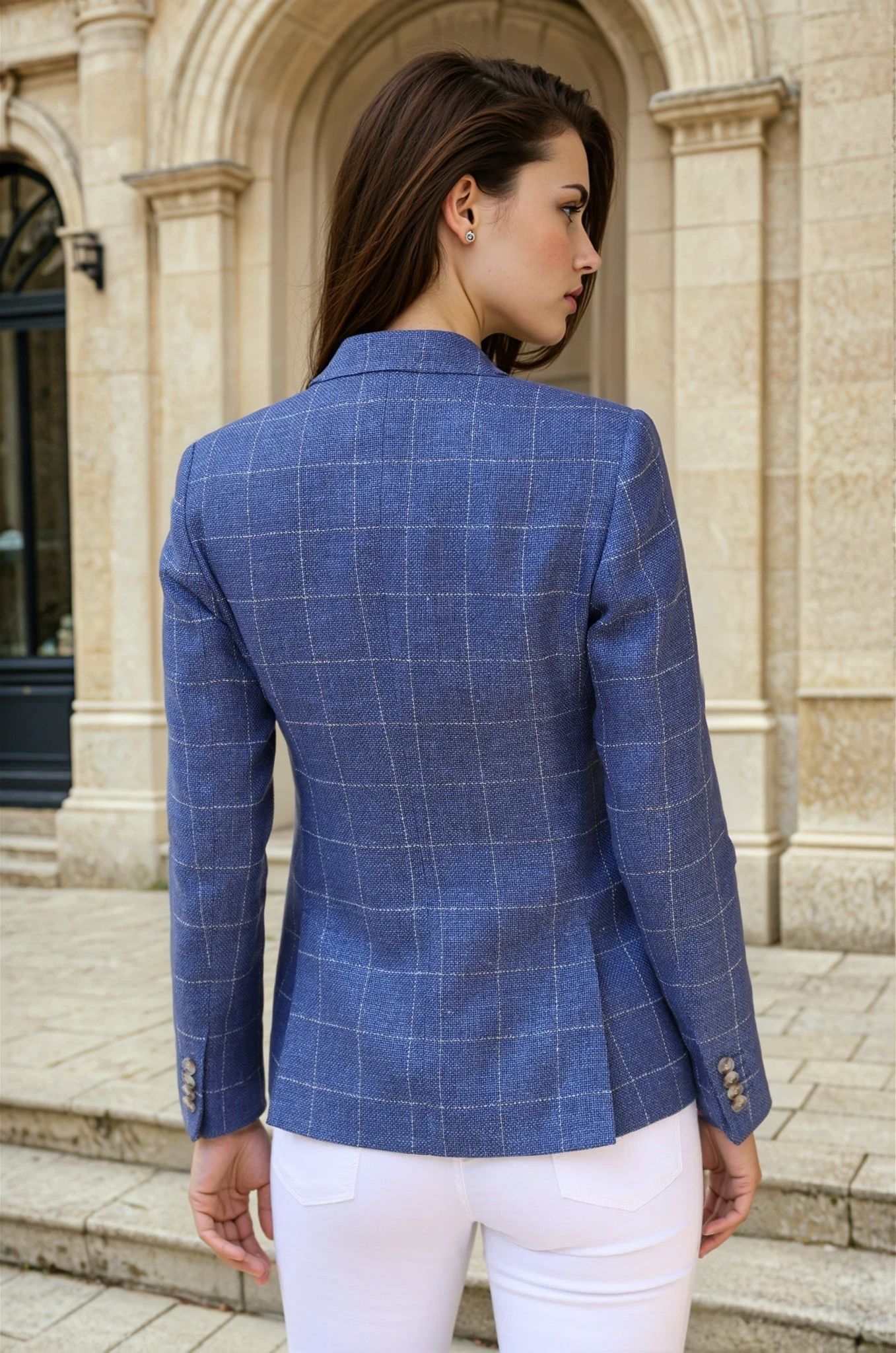 Veste Vesnove en laine et lin - Carreaux bleu azur-VESTE BLAZER FEMME-Curling-Paris