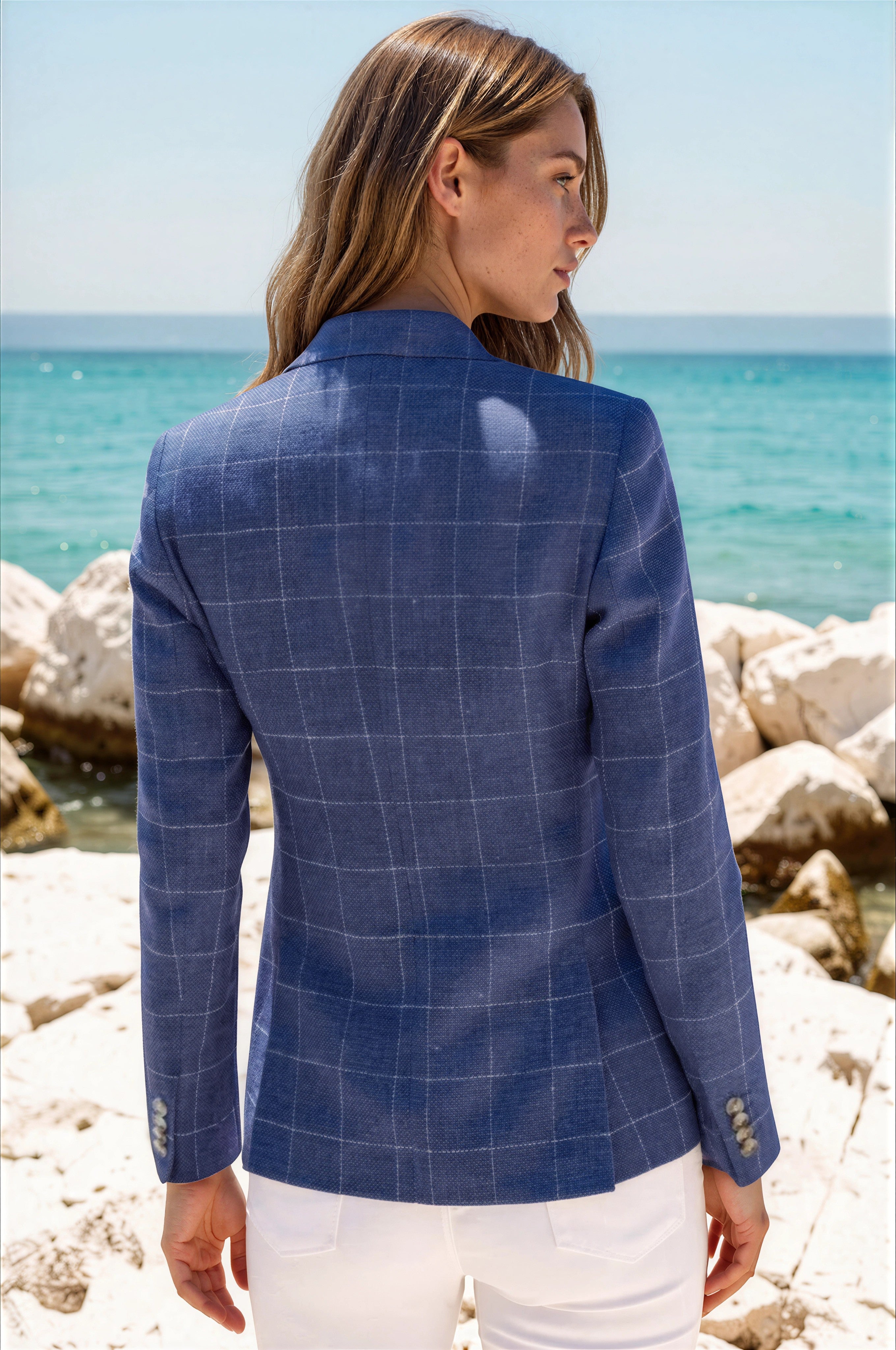 Veste Vesnove en laine et lin - Carreaux bleu azur-VESTE BLAZER FEMME-Curling-Paris