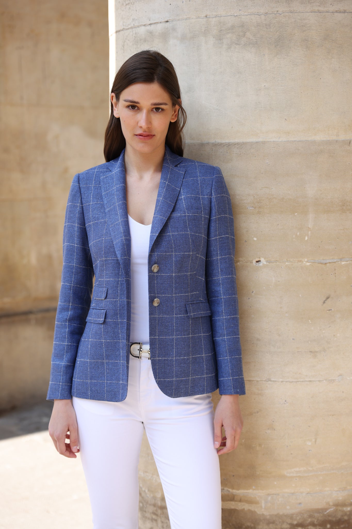 Veste Vesnove en laine et lin - Carreaux bleu azur-VESTE BLAZER FEMME-Curling-Paris