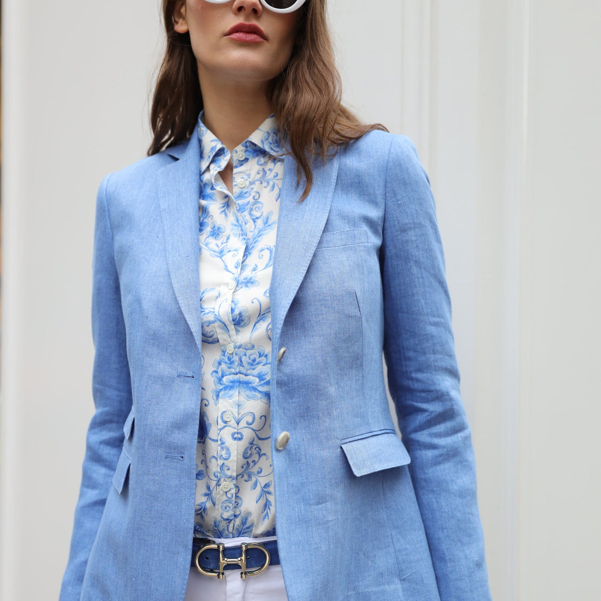 Summer blazer jacket for women in azure blue linen Curling x