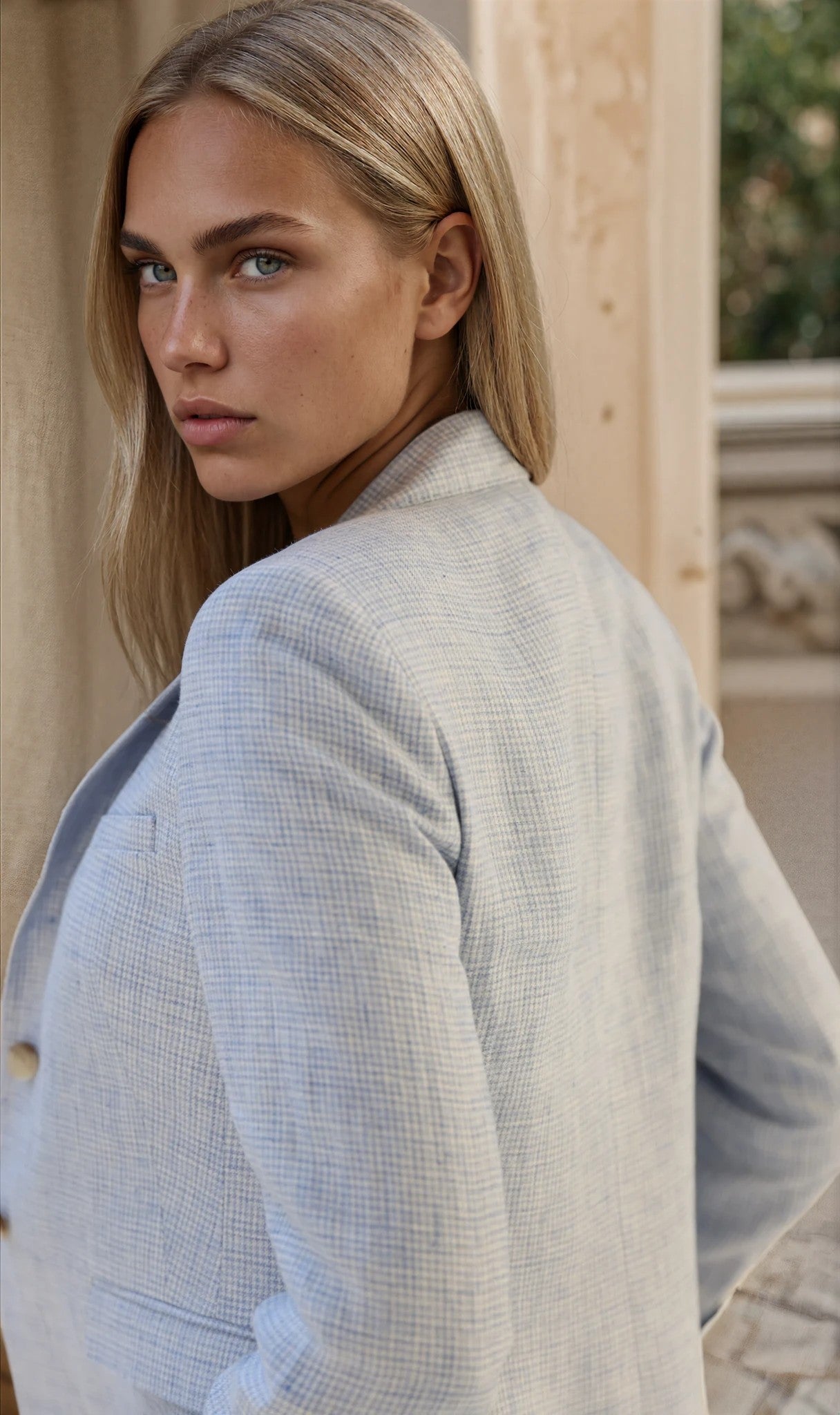 Veste Vesnove en lin - Pied-de-poule bleu ciel-VESTE BLAZER FEMME-Curling-Paris