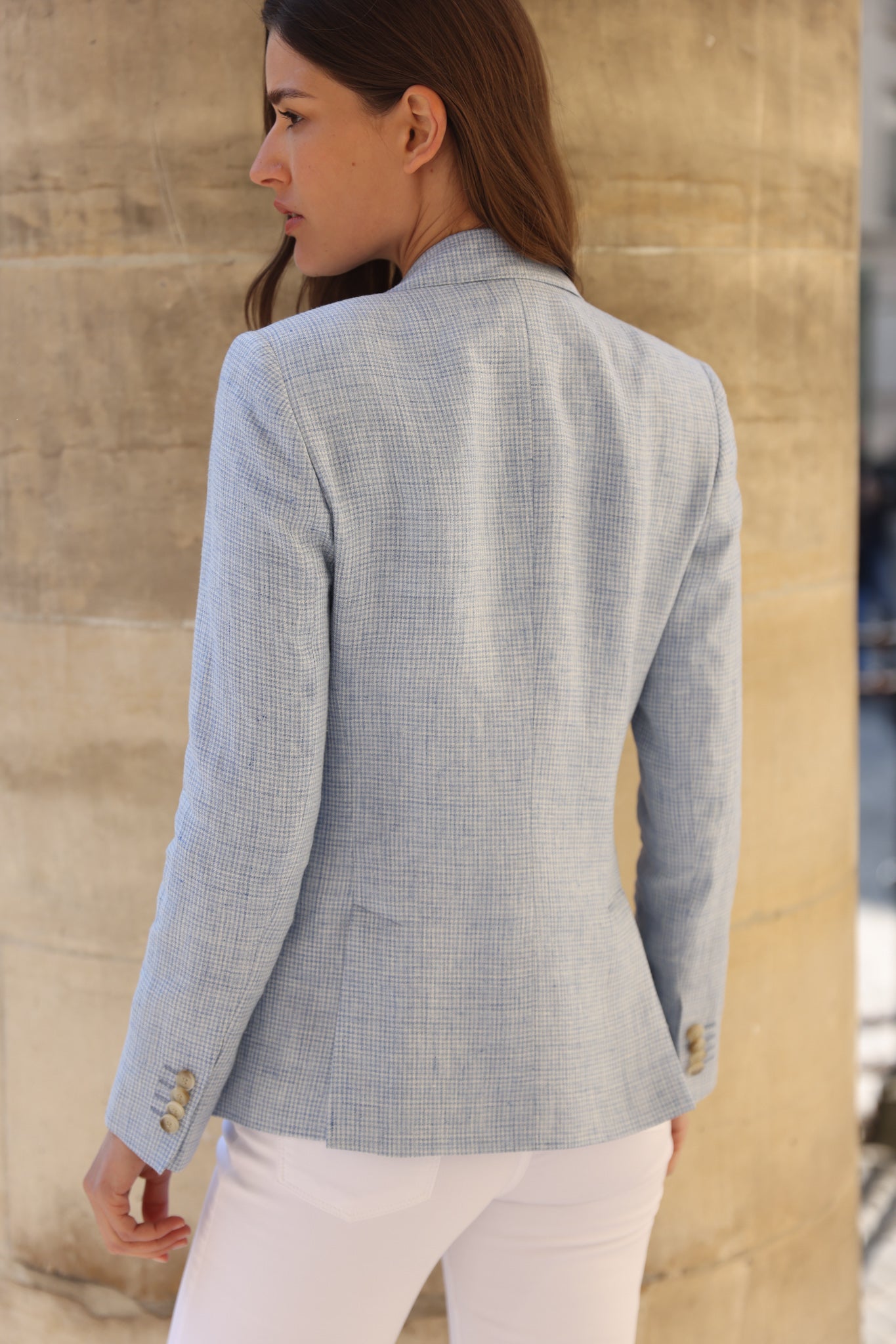 Veste Vesnove en lin - Pied-de-poule bleu ciel-VESTE BLAZER FEMME-Curling-Paris