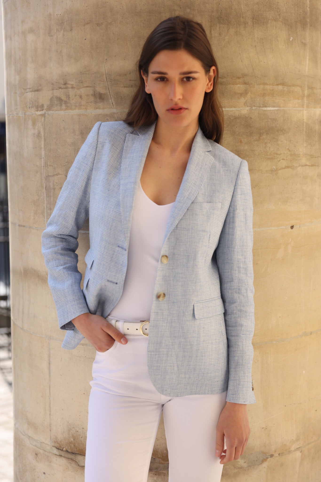 Veste Vesnove en lin - Pied-de-poule bleu ciel-VESTE BLAZER FEMME-Curling-Paris
