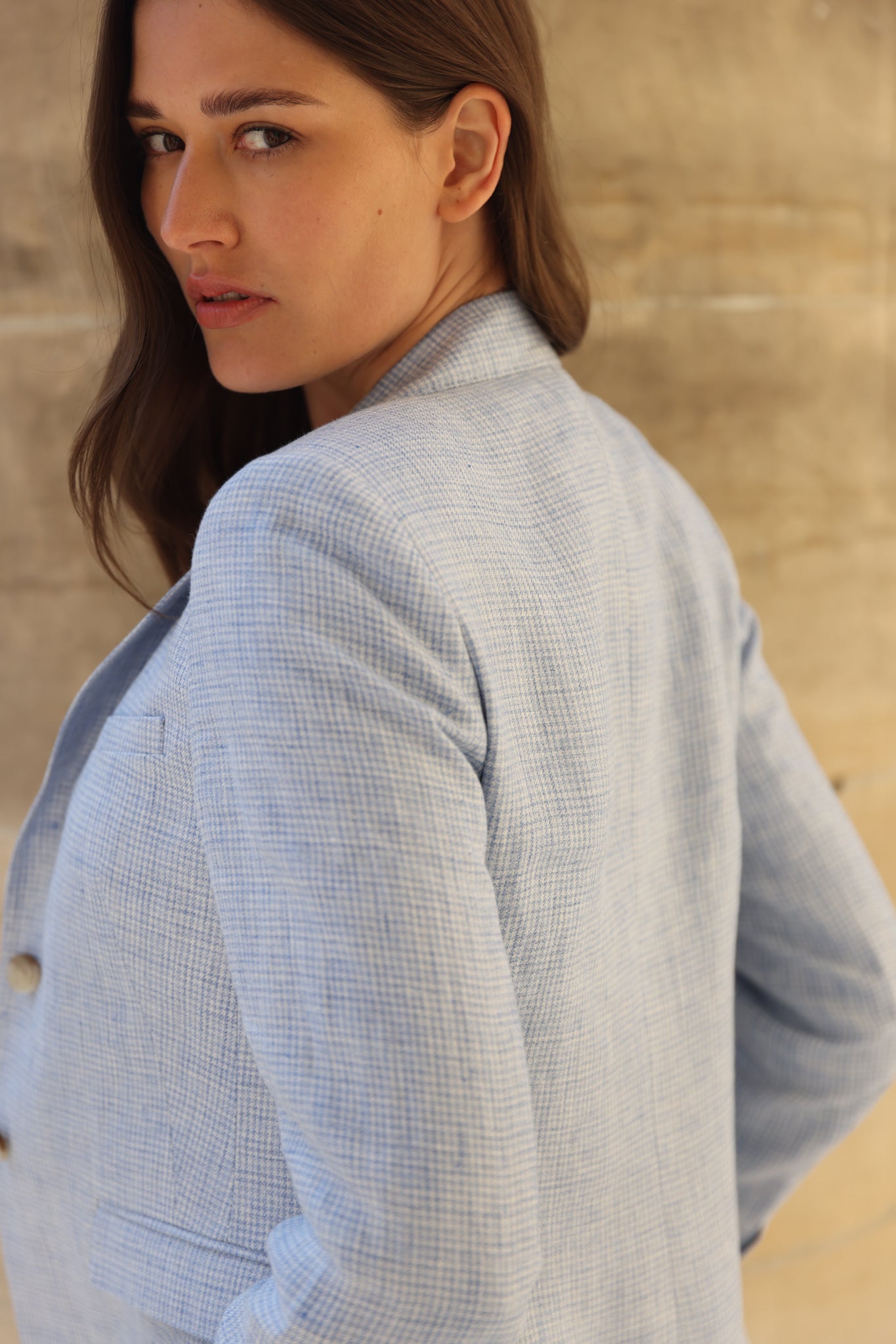 Veste Vesnove en lin - Pied-de-poule bleu ciel-VESTE BLAZER FEMME-Curling-Paris