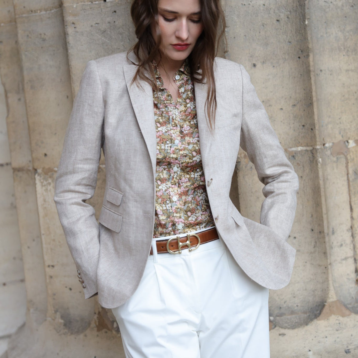 Veste Vesnove en lin chevron beige - Main Image