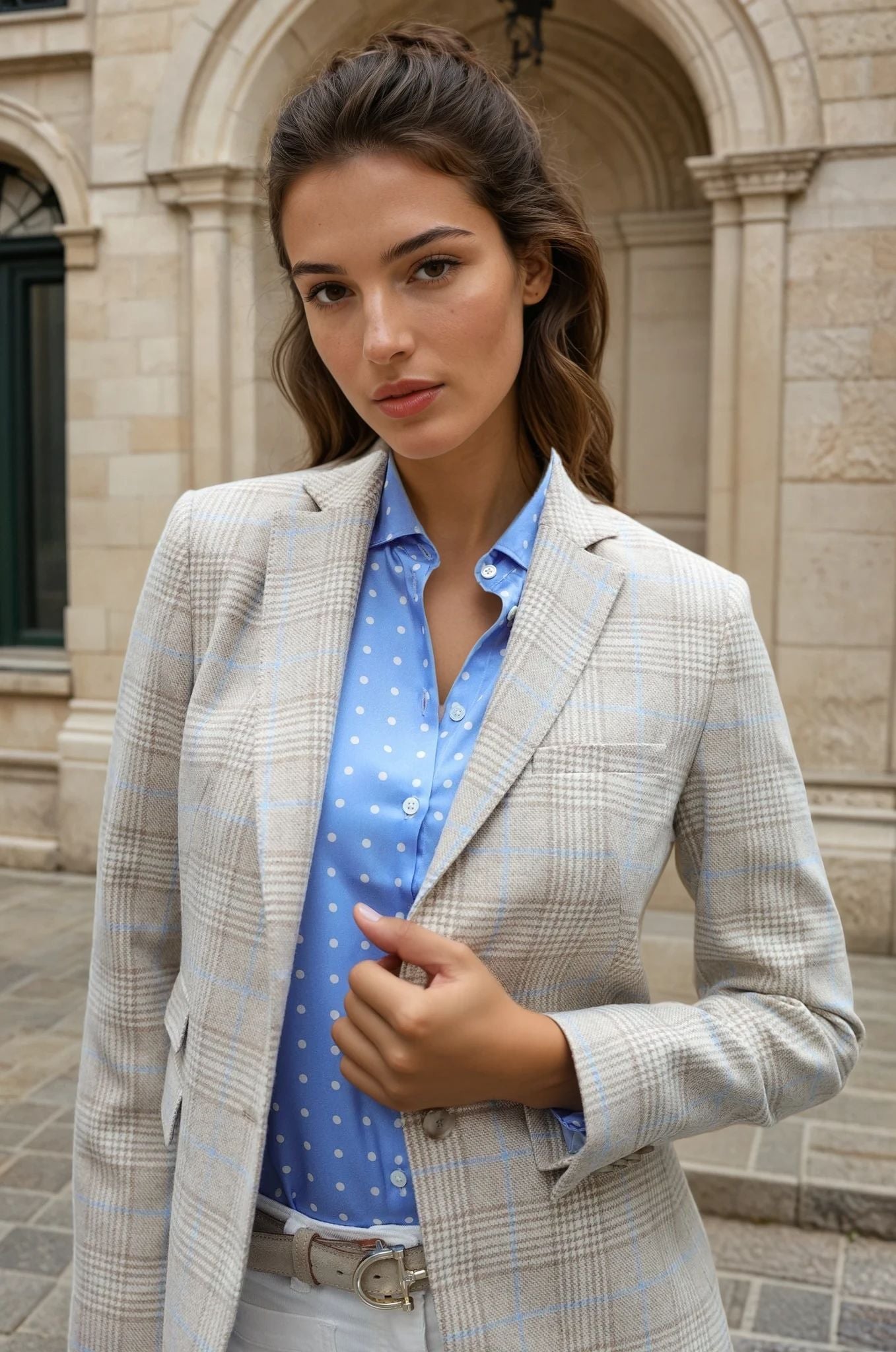 Veste Vesnove pure laine - Prince de galles beige, écru & ciel-VESTE BLAZER FEMME-Curling-Paris