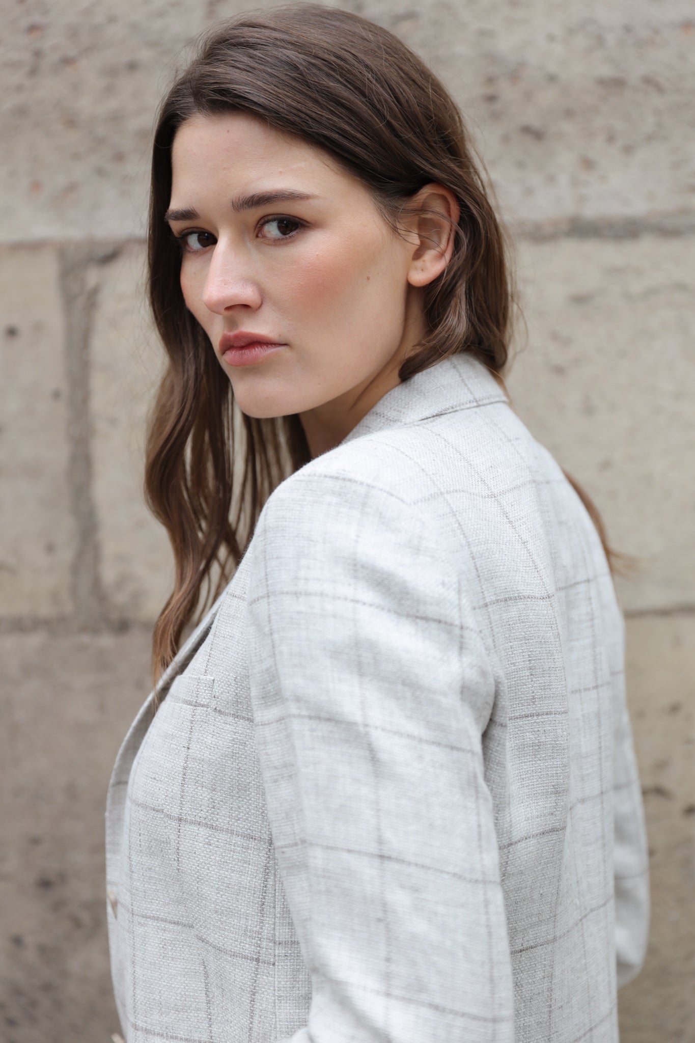 Veste Victoire à carreaux en lin - Beige-VESTE BLAZER FEMME-Curling-Paris