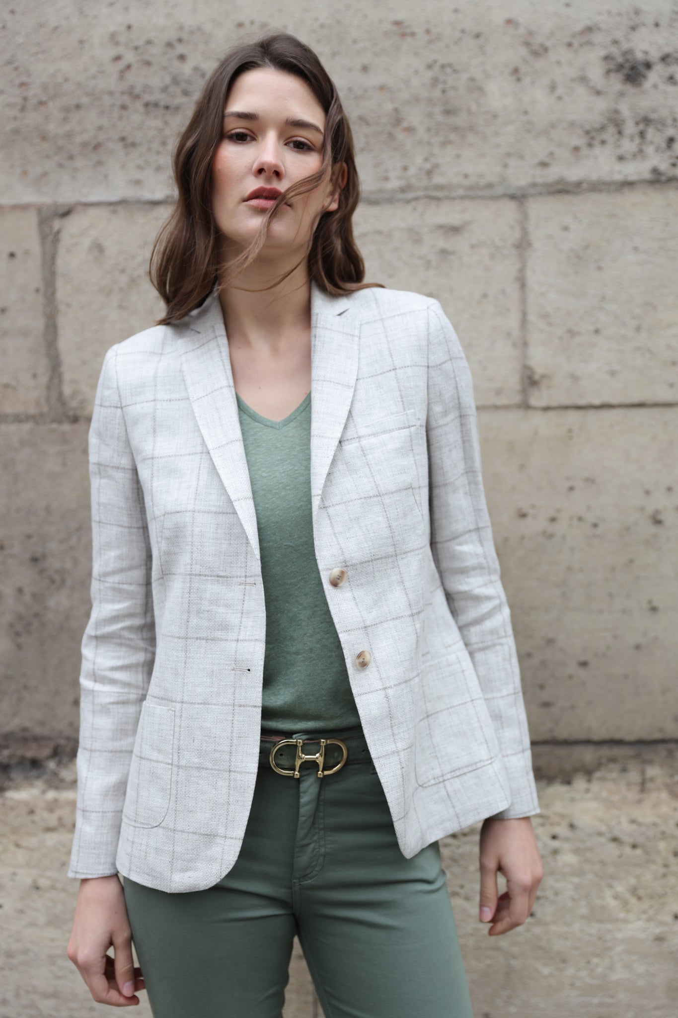 Veste Victoire à carreaux en lin - Beige-VESTE BLAZER FEMME-Curling-Paris