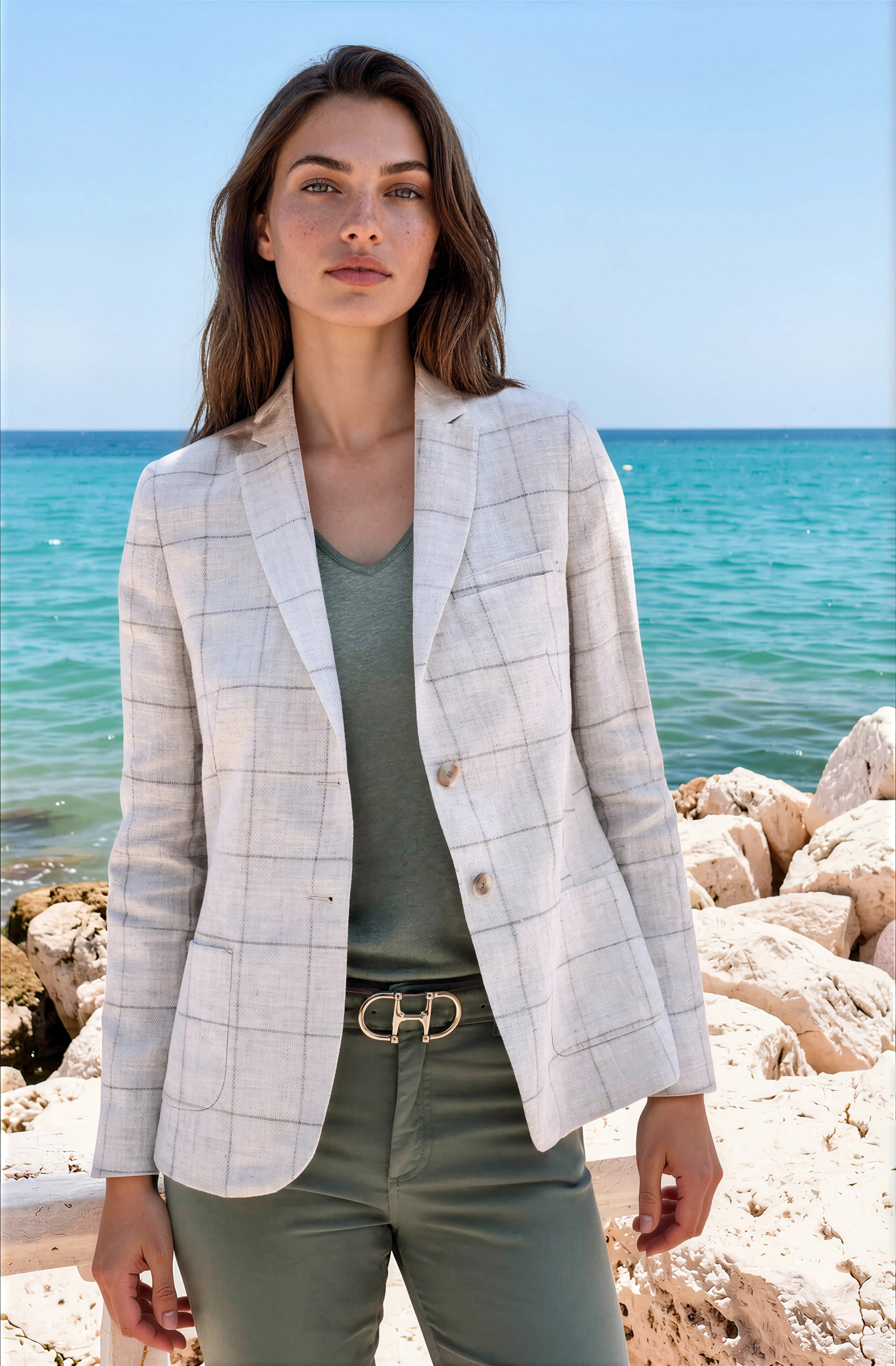Veste Victoire à carreaux en lin - Beige-VESTE BLAZER FEMME-Curling-Paris