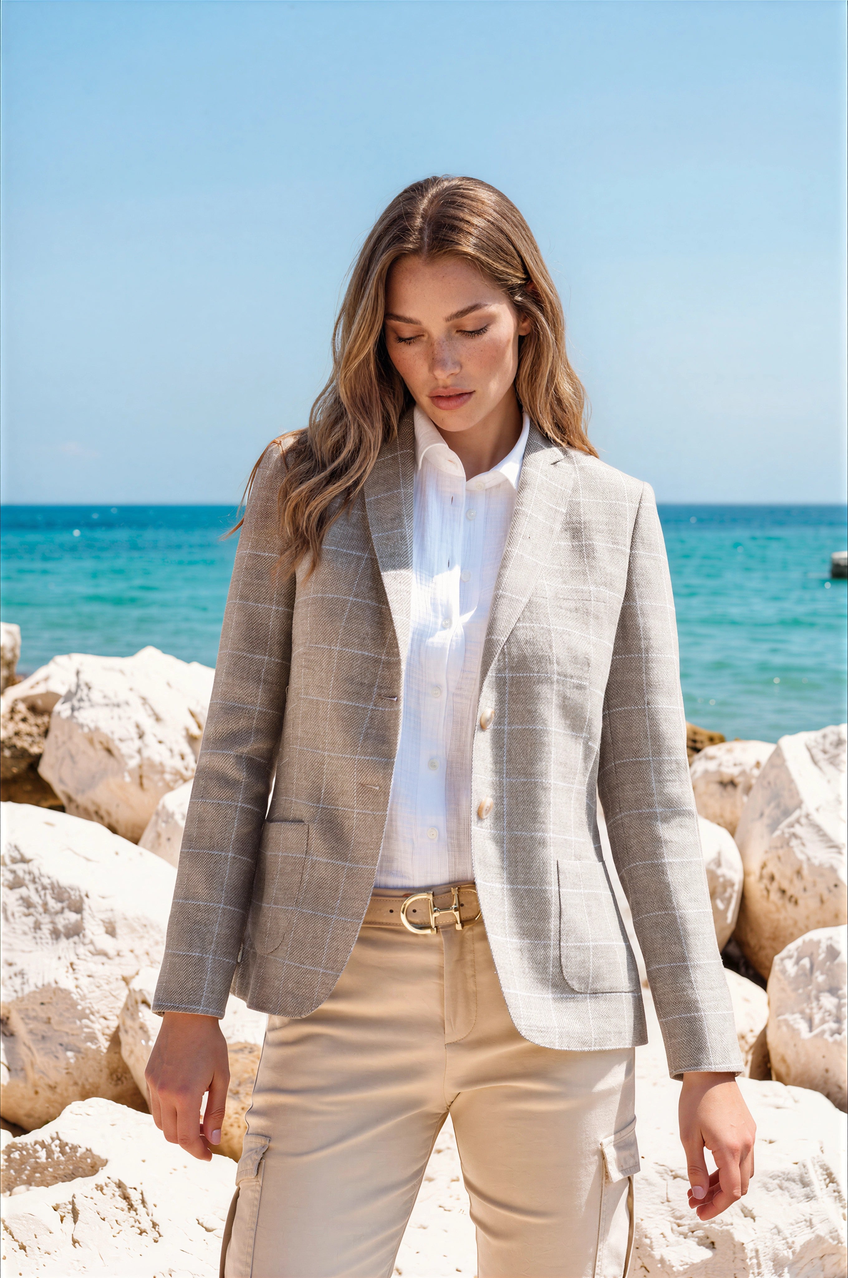Veste Victoire en Laine & Lin - Carreaux Beige-VESTE BLAZER FEMME-Curling-Paris