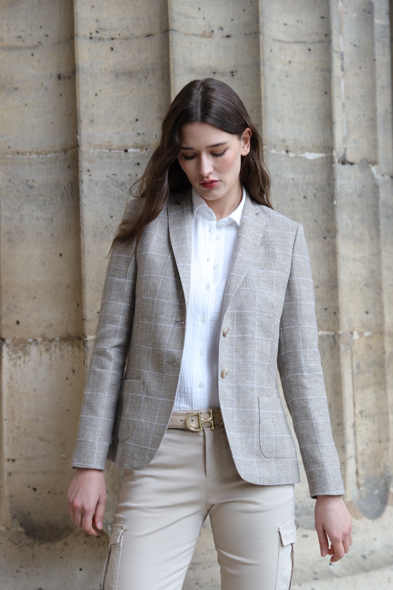 Veste Victoire en Laine & Lin - Carreaux Beige-VESTE BLAZER FEMME-Curling-Paris