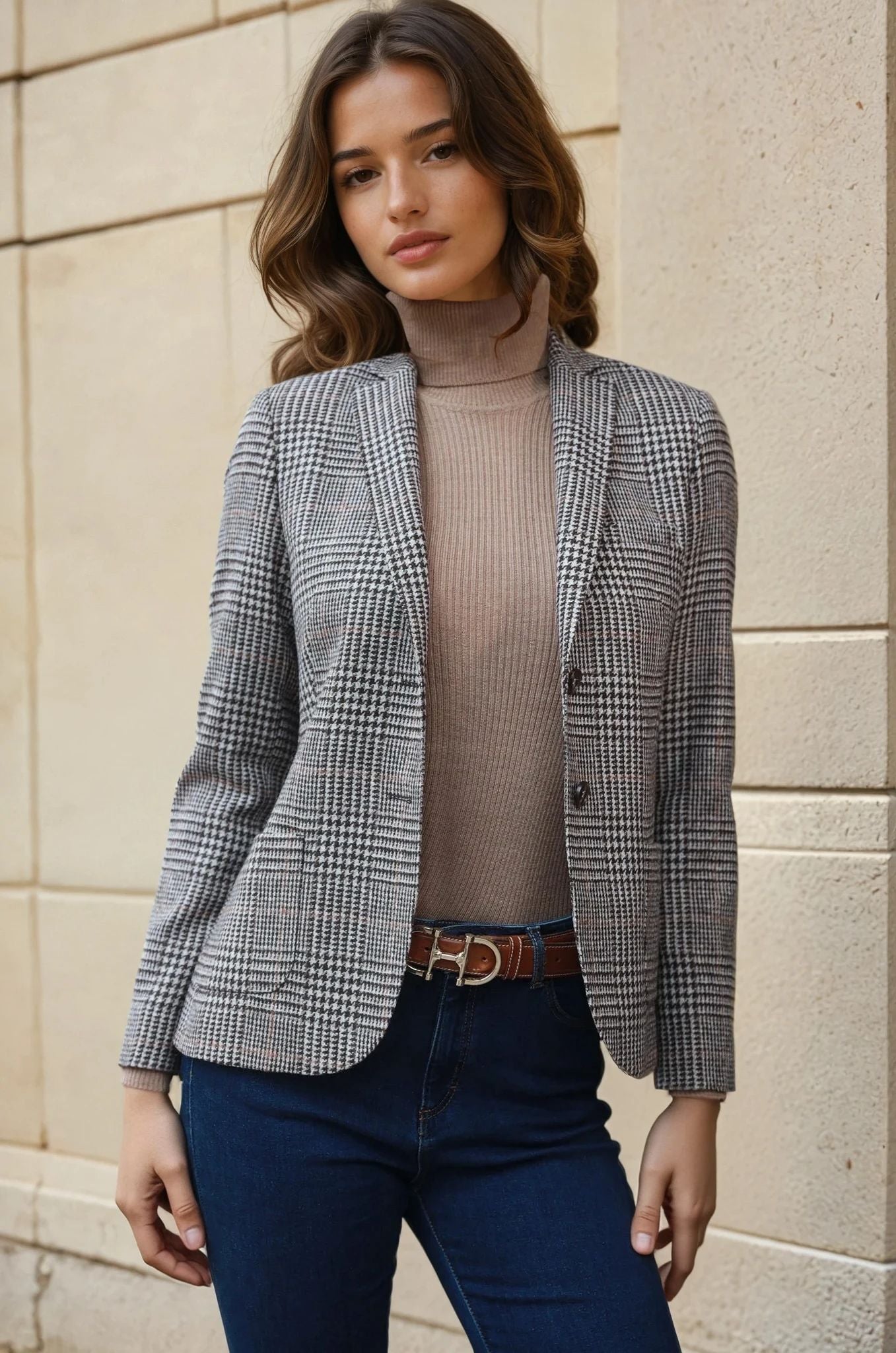 Veste Victoire en laine mérinos - Carreaux Marron-VESTE BLAZER FEMME-Curling-Paris