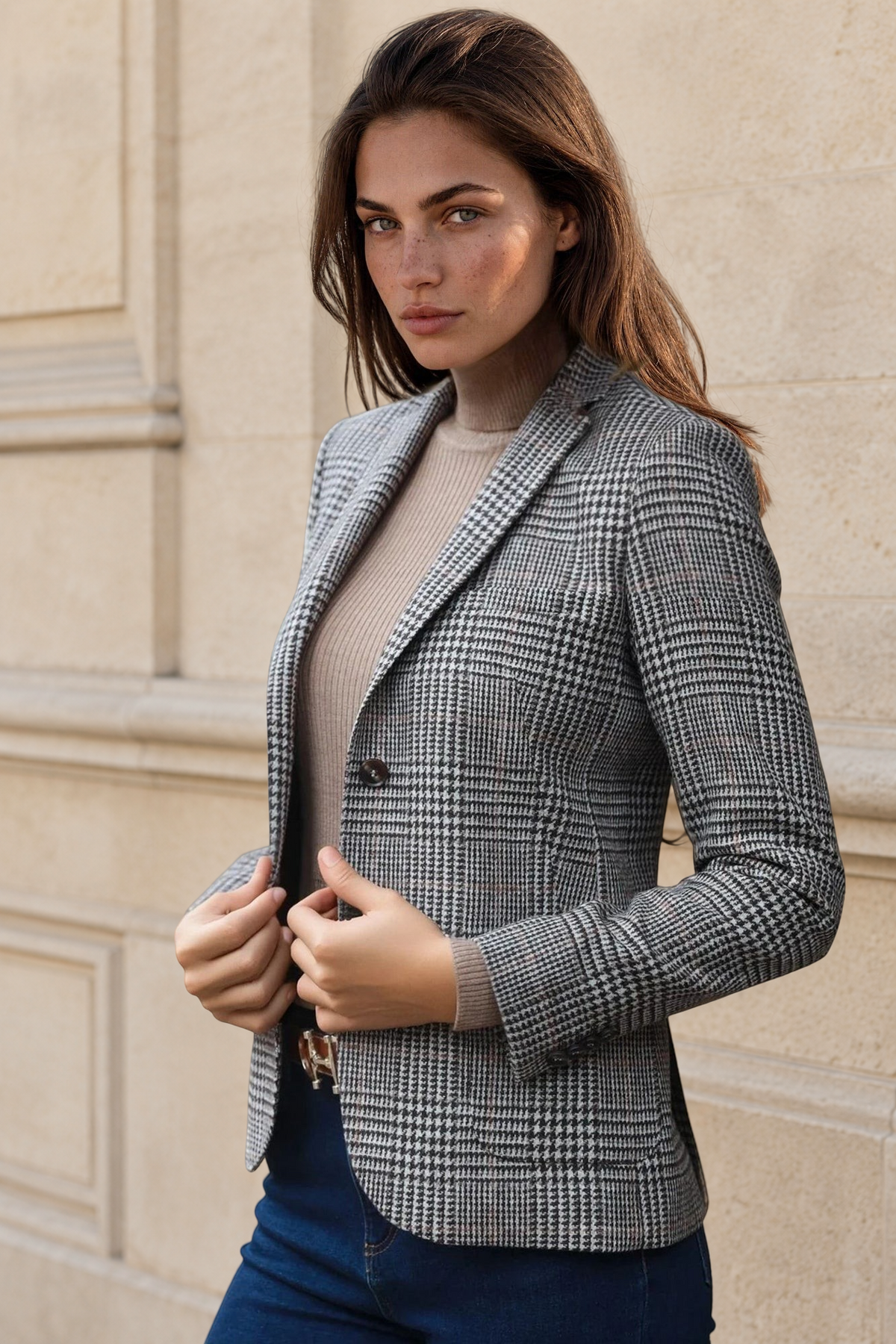 Veste Victoire en laine mérinos - Carreaux Marron-VESTE BLAZER FEMME-Curling-Paris