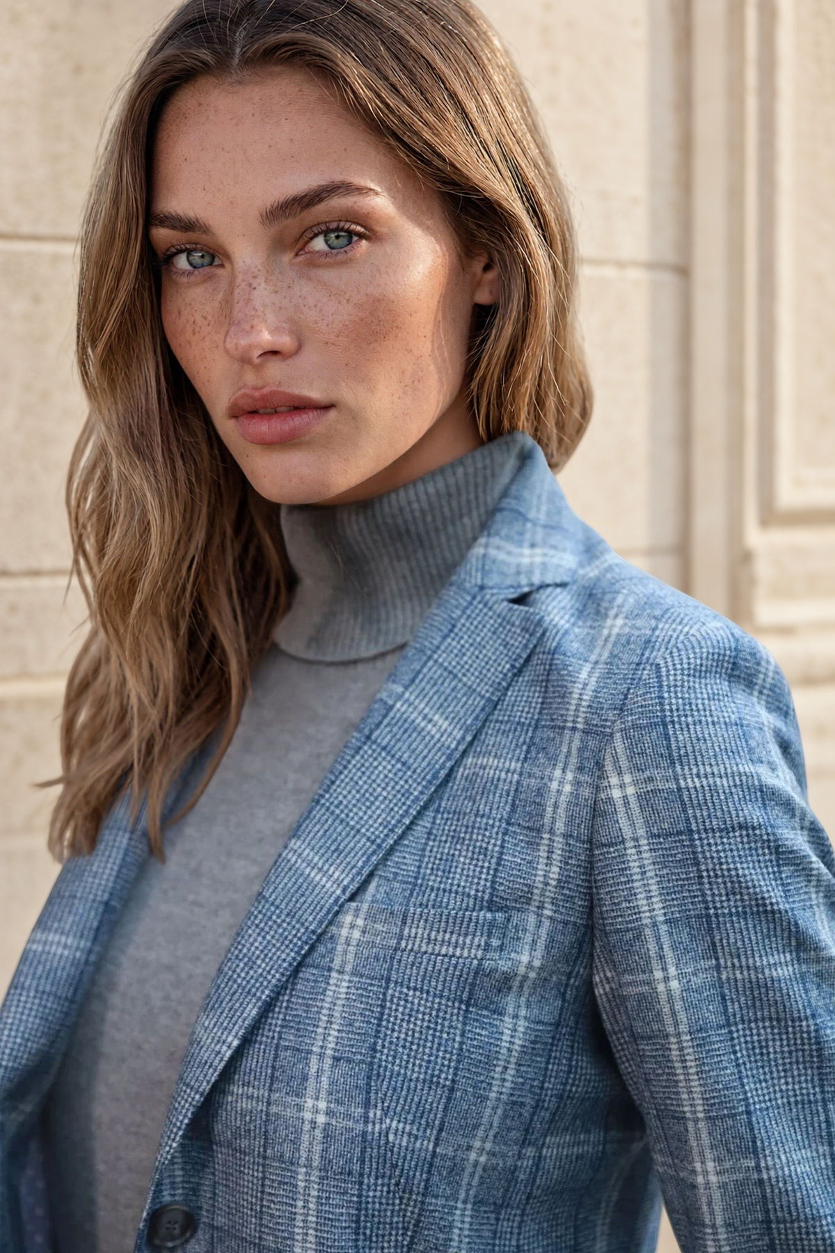 Veste Victoire en laine vierge - Carreau Bleu-VESTE BLAZER FEMME-Curling-Paris