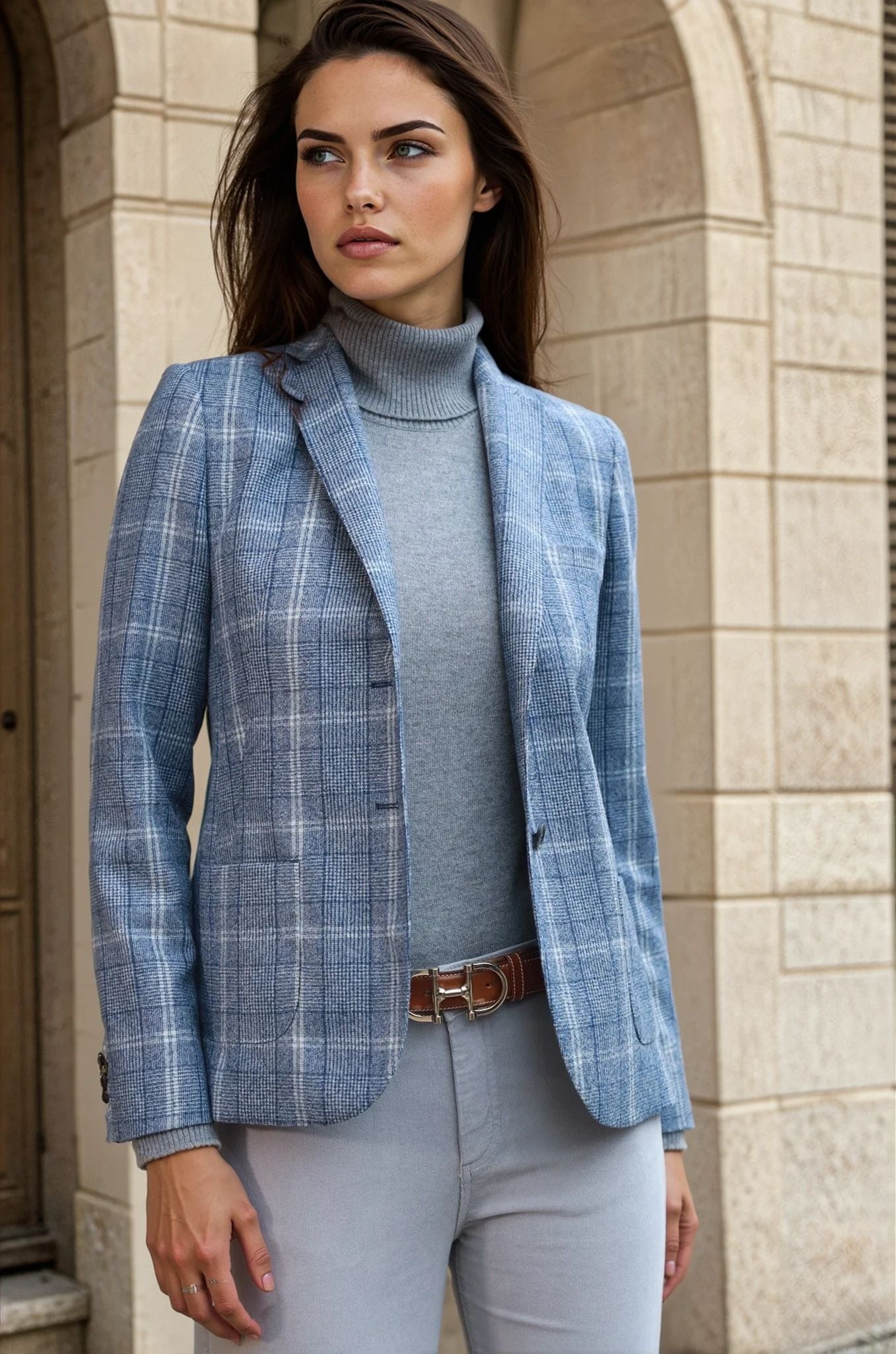 Veste Victoire en laine vierge - Carreau Bleu-VESTE BLAZER FEMME-Curling-Paris