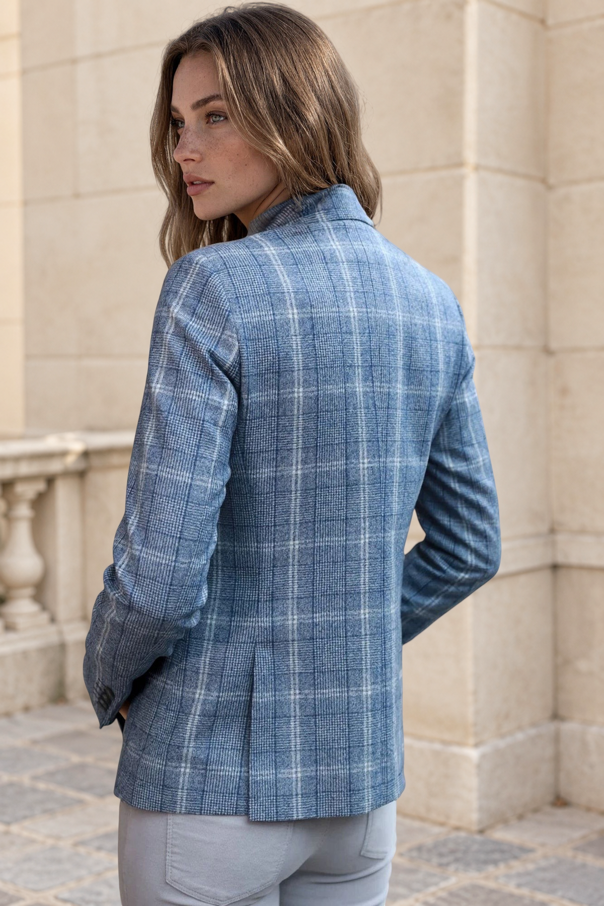 Veste Victoire en laine vierge - Carreau Bleu-VESTE BLAZER FEMME-Curling-Paris