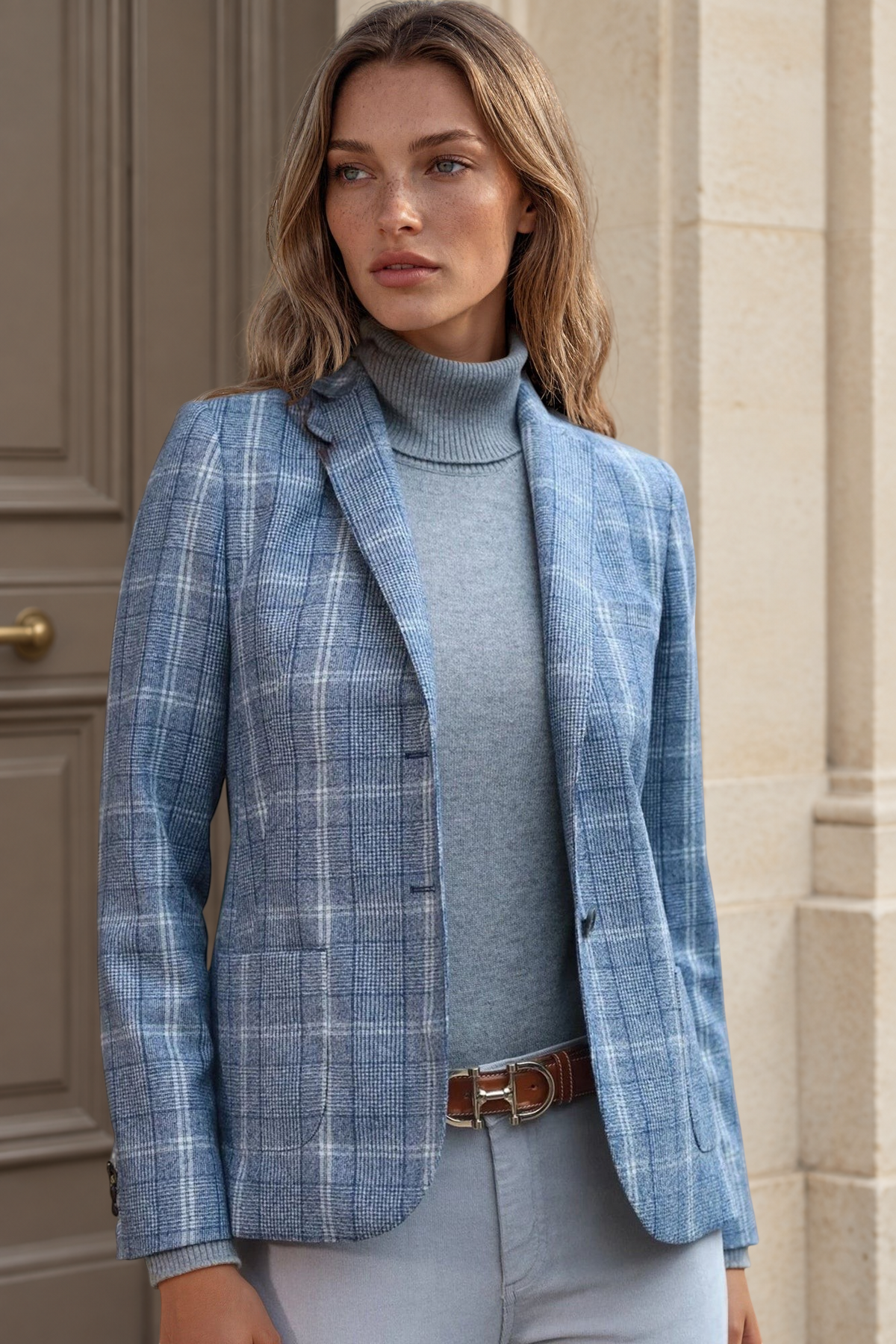 Veste Victoire en laine vierge - Carreau Bleu-VESTE BLAZER FEMME-Curling-Paris