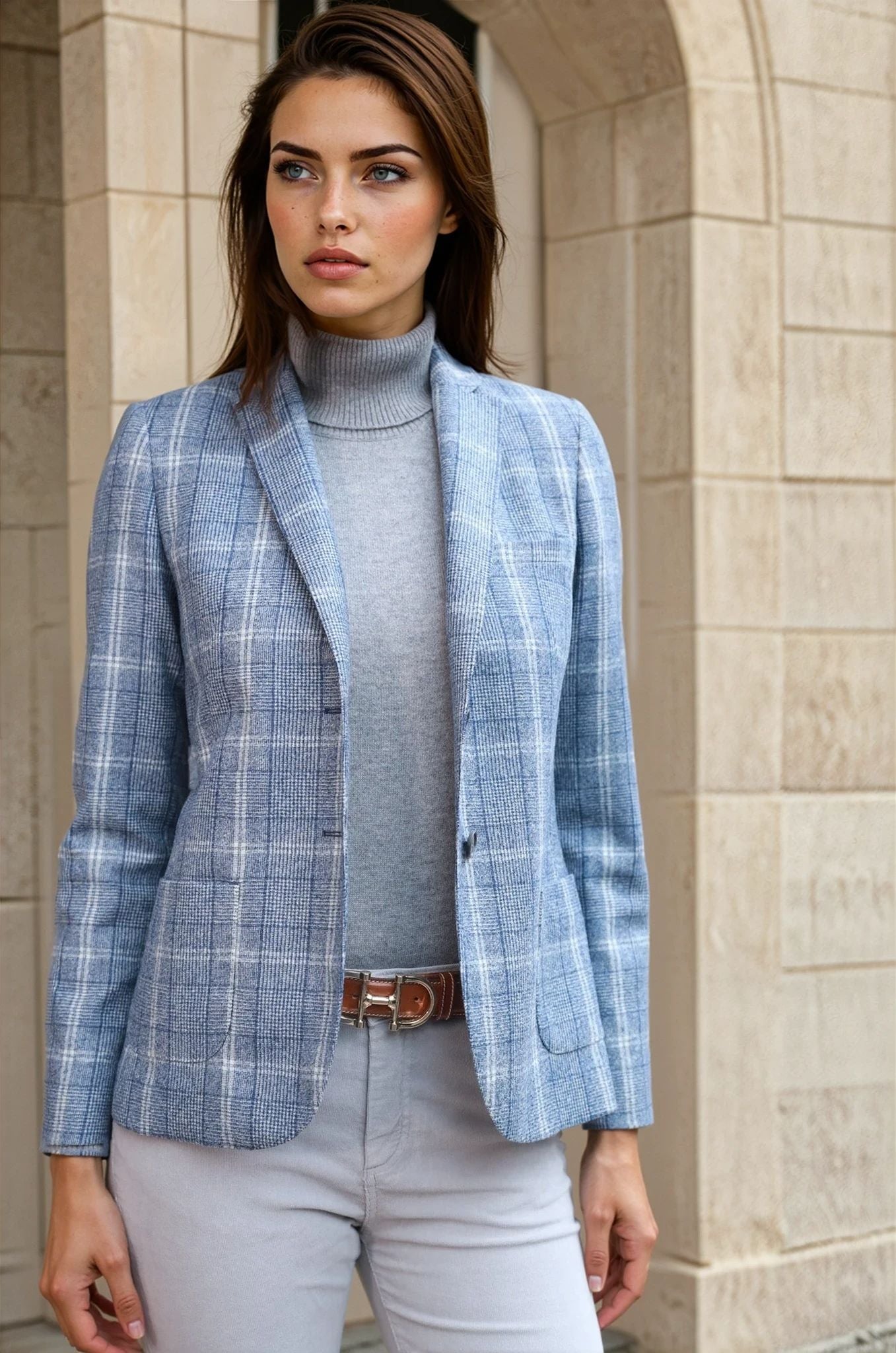 Veste Victoire en laine vierge - Carreau Bleu-VESTE BLAZER FEMME-Curling-Paris