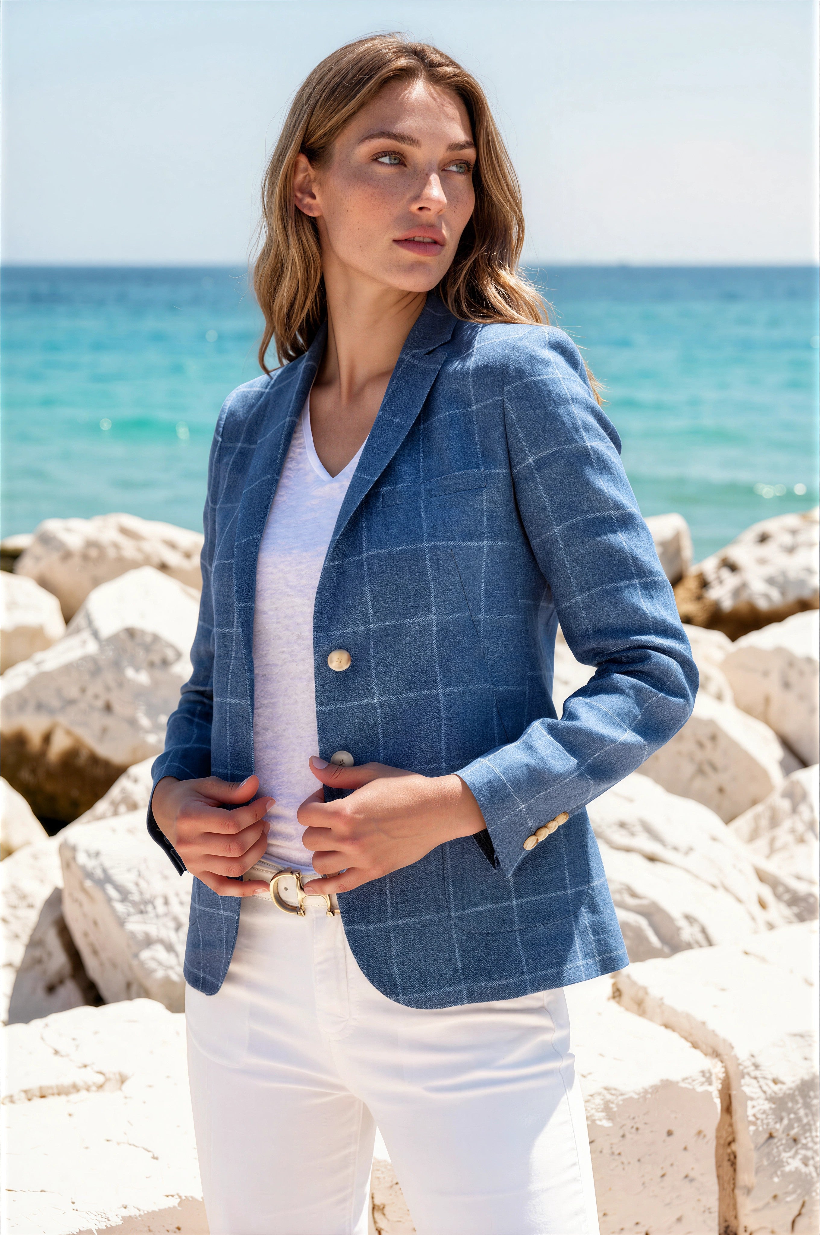 Veste Victoire en lin - Carreau Bleu-VESTE BLAZER FEMME-Curling-Paris