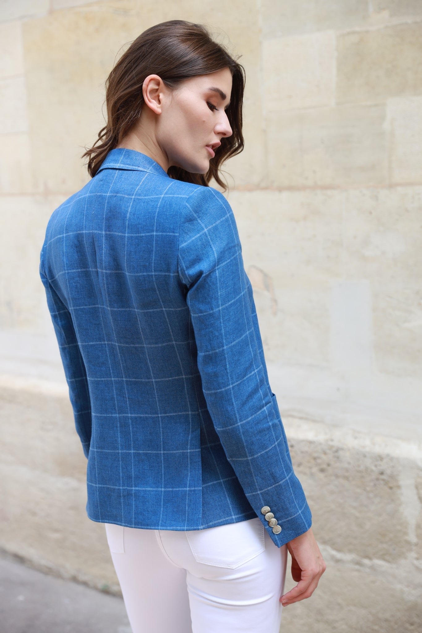 Veste Victoire en lin - Carreau Bleu-VESTE BLAZER FEMME-Curling-Paris