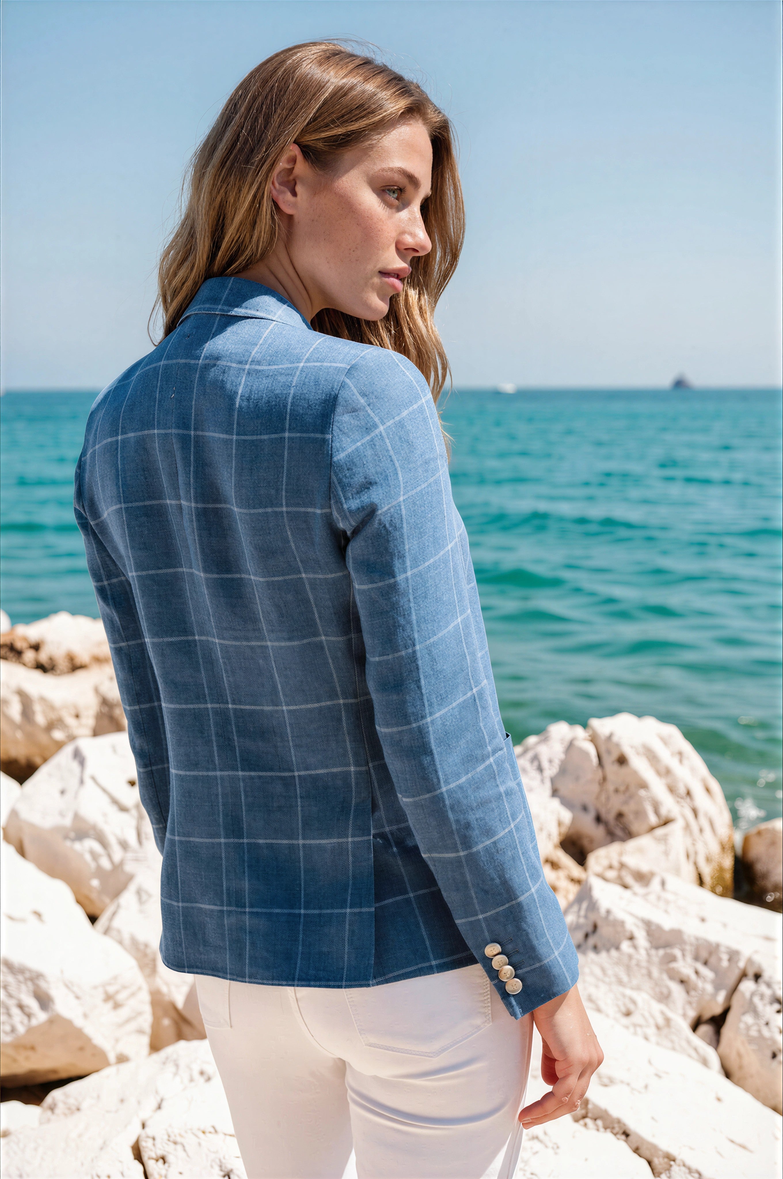Veste Victoire en lin - Carreau Bleu-VESTE BLAZER FEMME-Curling-Paris