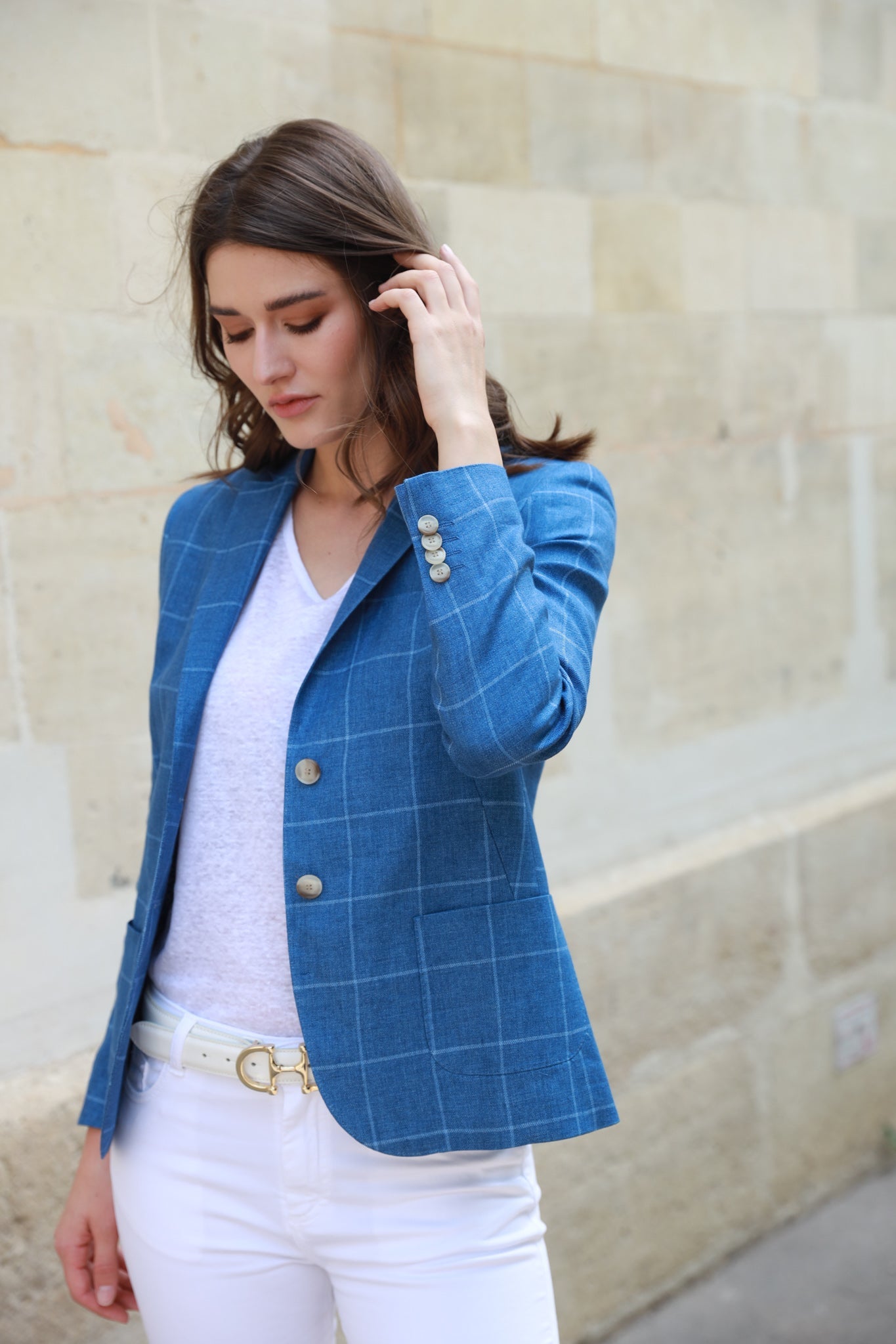 Veste Victoire en lin - Carreau Bleu-VESTE BLAZER FEMME-Curling-Paris