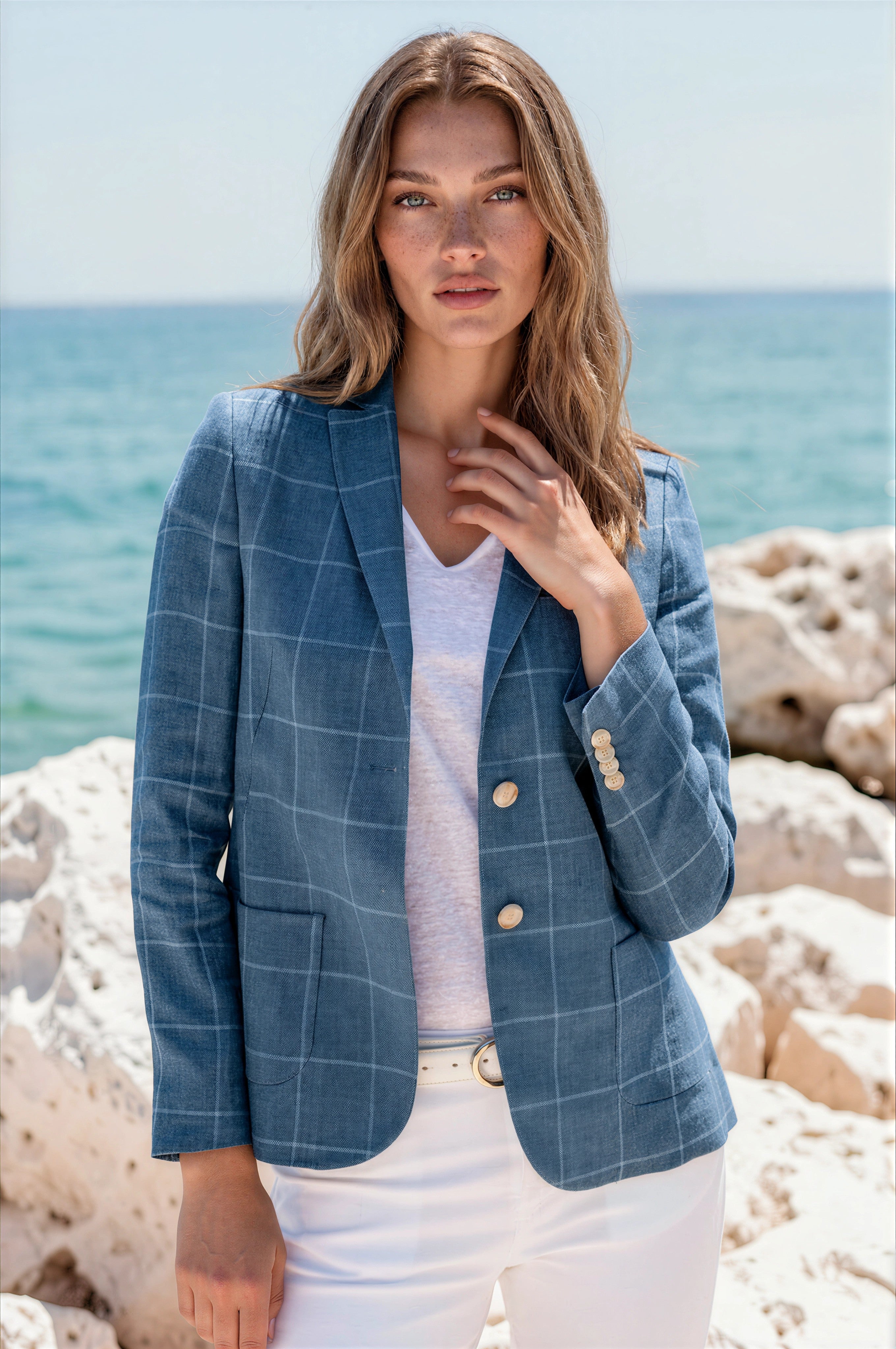 Veste Victoire en lin - Carreau Bleu-VESTE BLAZER FEMME-Curling-Paris