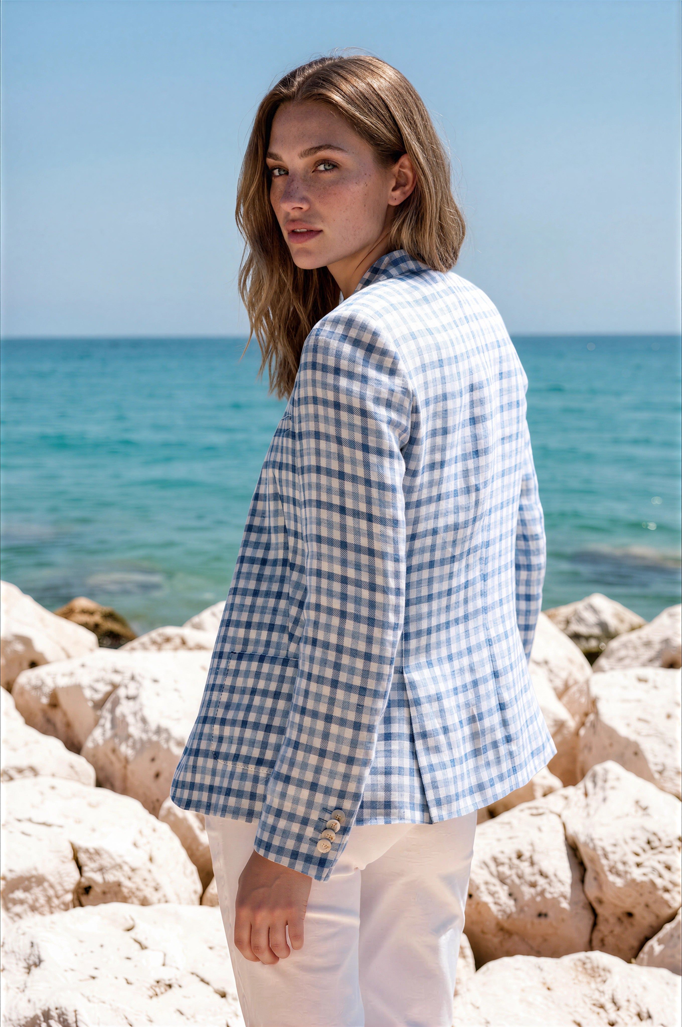 Veste Victoire en lin à carreaux - ciel & blanc-VESTE BLAZER FEMME-Curling-Paris